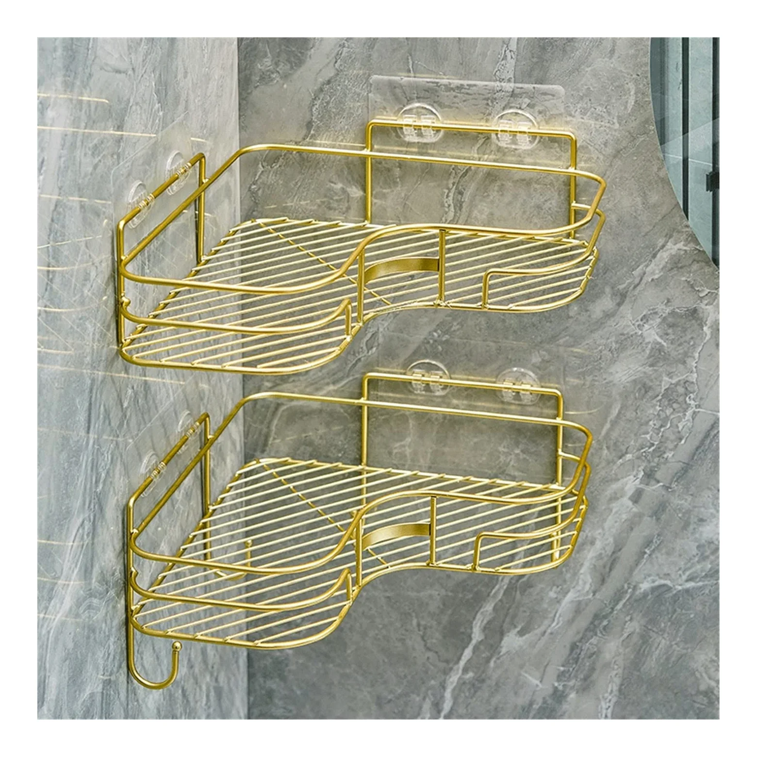 Ripiano per doccia Mensole portaoggetti in metallo a parete con ganci da bagno Organizer(Gold)