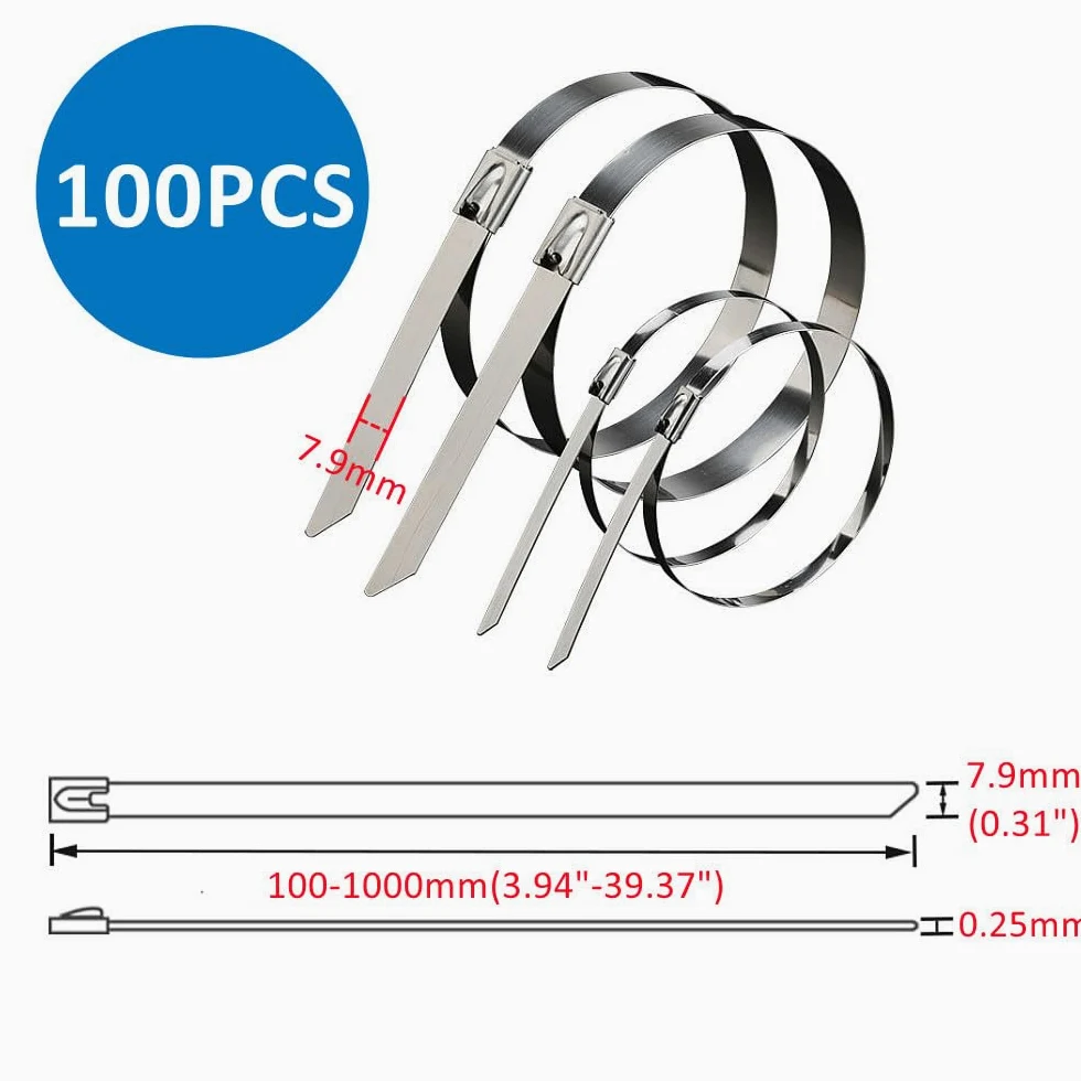 Fascette Cavi 10 20 50 100 pezzi 7,9 mm 0,31 pollici Fascette in acciaio inossidabile 304 Avvolgimento di scarico rivestito in metallo di bloccaggio Fascette Elettricista (Color : 100PCS, Misurare :