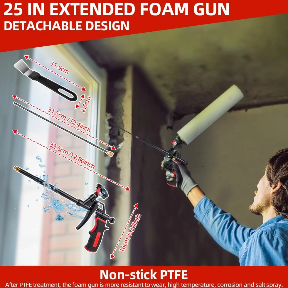 Flintronic Pistola per Schiuma, Pistola per Schiuma Estensibile 64cm, Pistola per Schiuma Poliuretanica Con Spatola Pennello di Paglia, per Calafataggio, Isolamento, Riempimento, Progetti fai-da-te