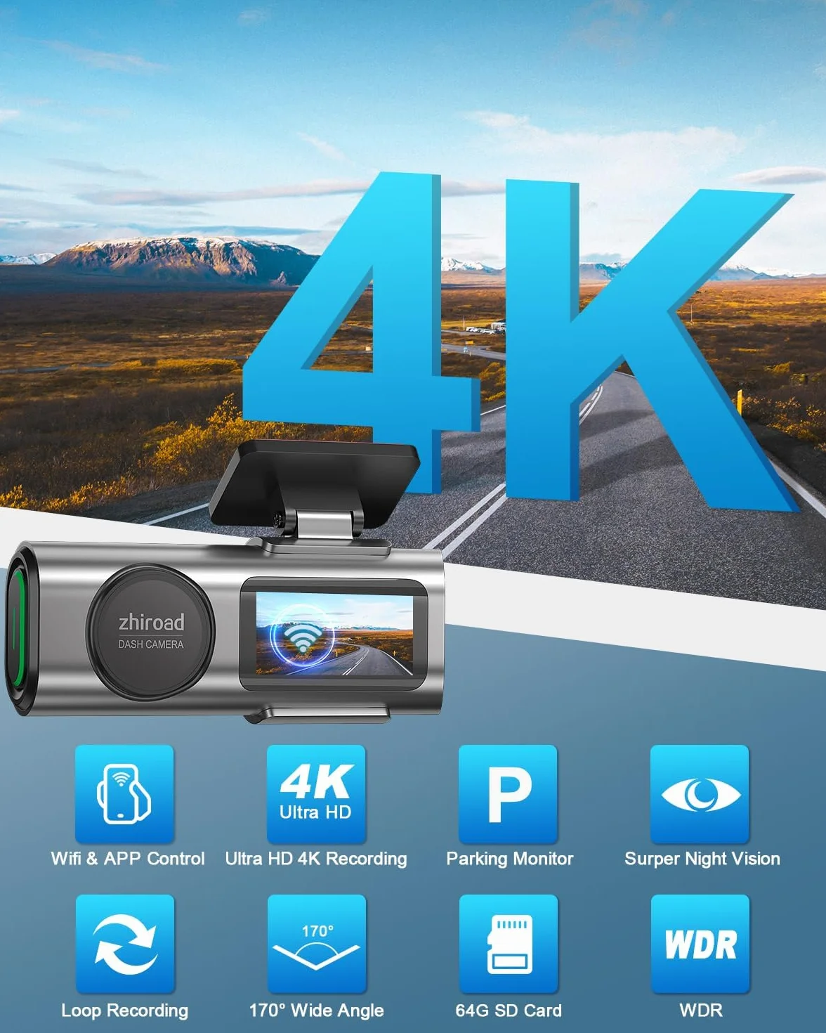 Dash Cam Auto, 4K Dashcam con WiFi & App, Dashcam Auto con 64G Scheda, Telecamera Auto 170°+140°, WDR, Schermo 1,47", Custodia rimovibile, Registrazione in Loop, Visione Notturna (4K)