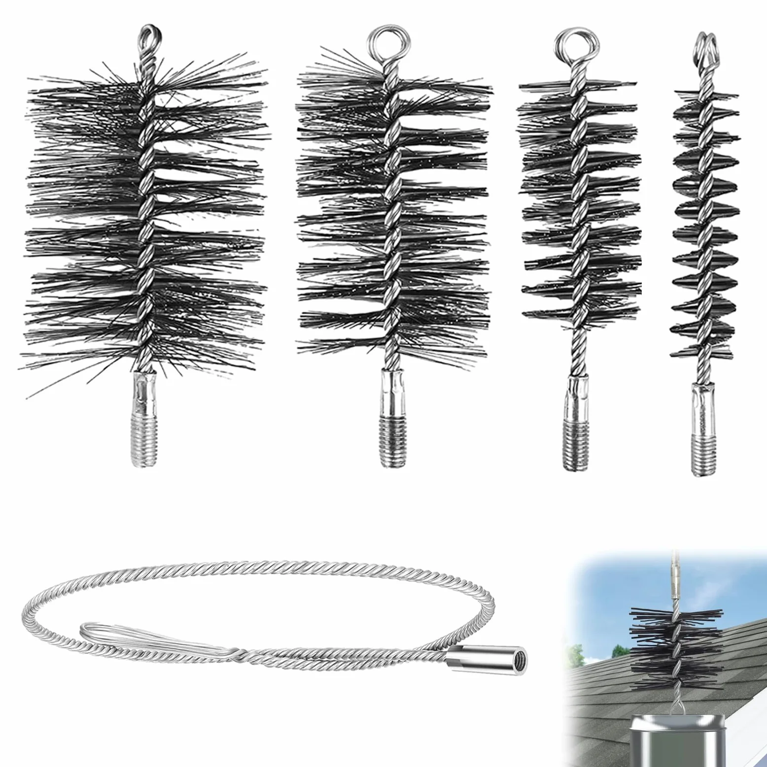 Set di spazzole per camino 4 pezzi con spazzole da 30/50/80/150 mm, incl. 1m di filo di acciaio e stanga di spinta – Spazzola per camino per la pulizia di canne fumarie, tubi per stufe e tubi di