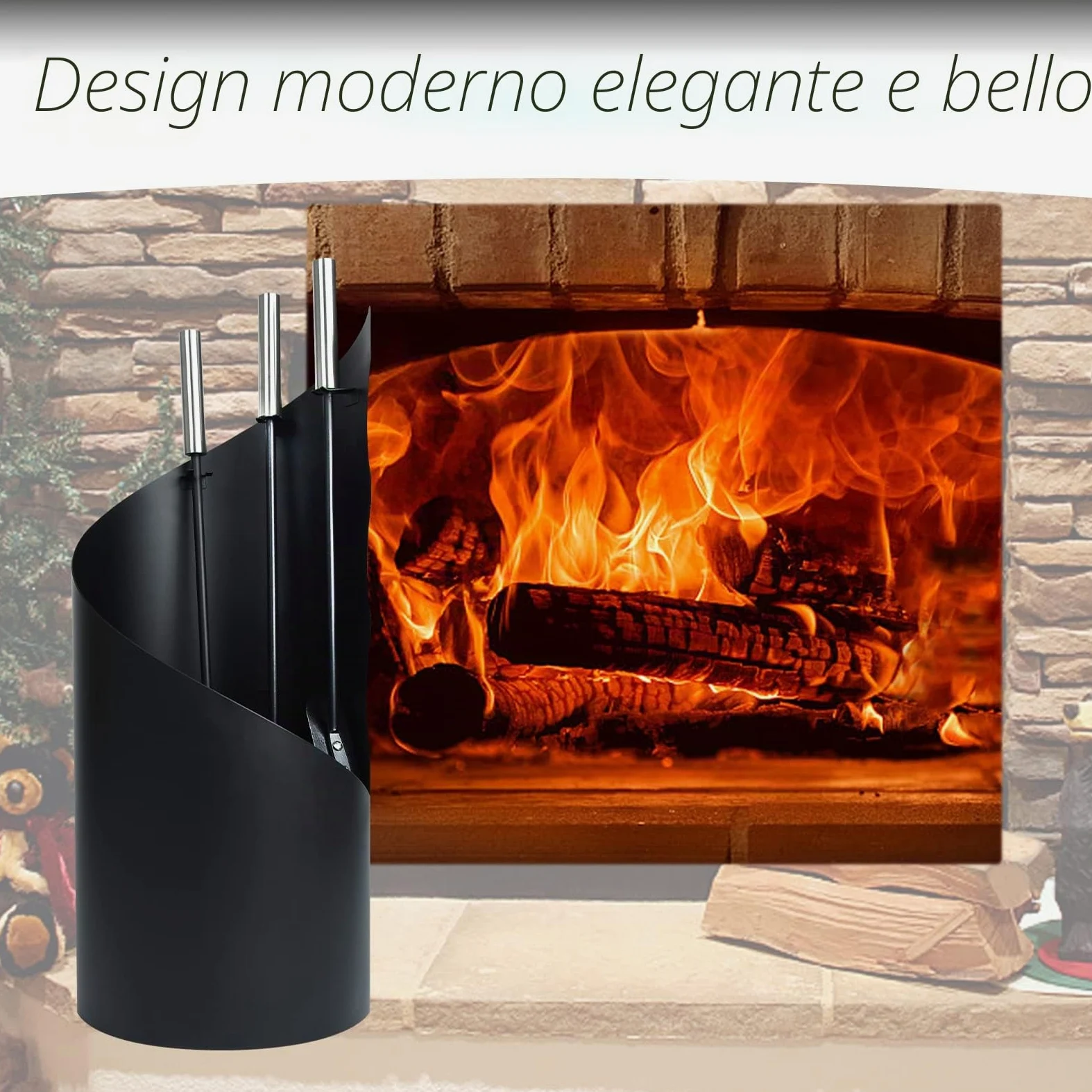 YRHome Set di 4 attrezzi per camino in acciaio inossidabile, set per camino, accessori per camino con attizzatoio, paletta per camino, paletta per cenere, supporto in acciaio con manici in acciaio