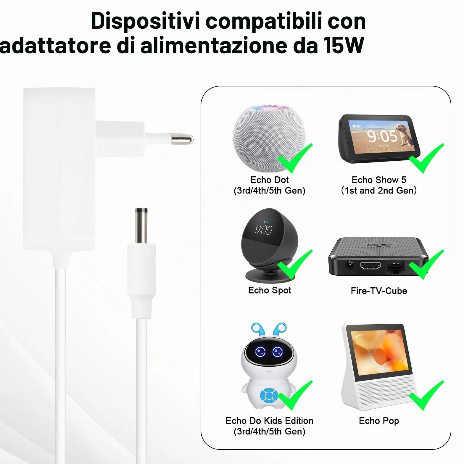 15W Alimentatore per Echo Dot Binghe 12V 1.25A Alimentatore, 15W Cavo di alimentazione per Echo Dot 3a, 4a e 5a Gen, Echo Show 5 1a e 2a Gen, Echo Spot, Echo Pop, Echo Plus, bianco