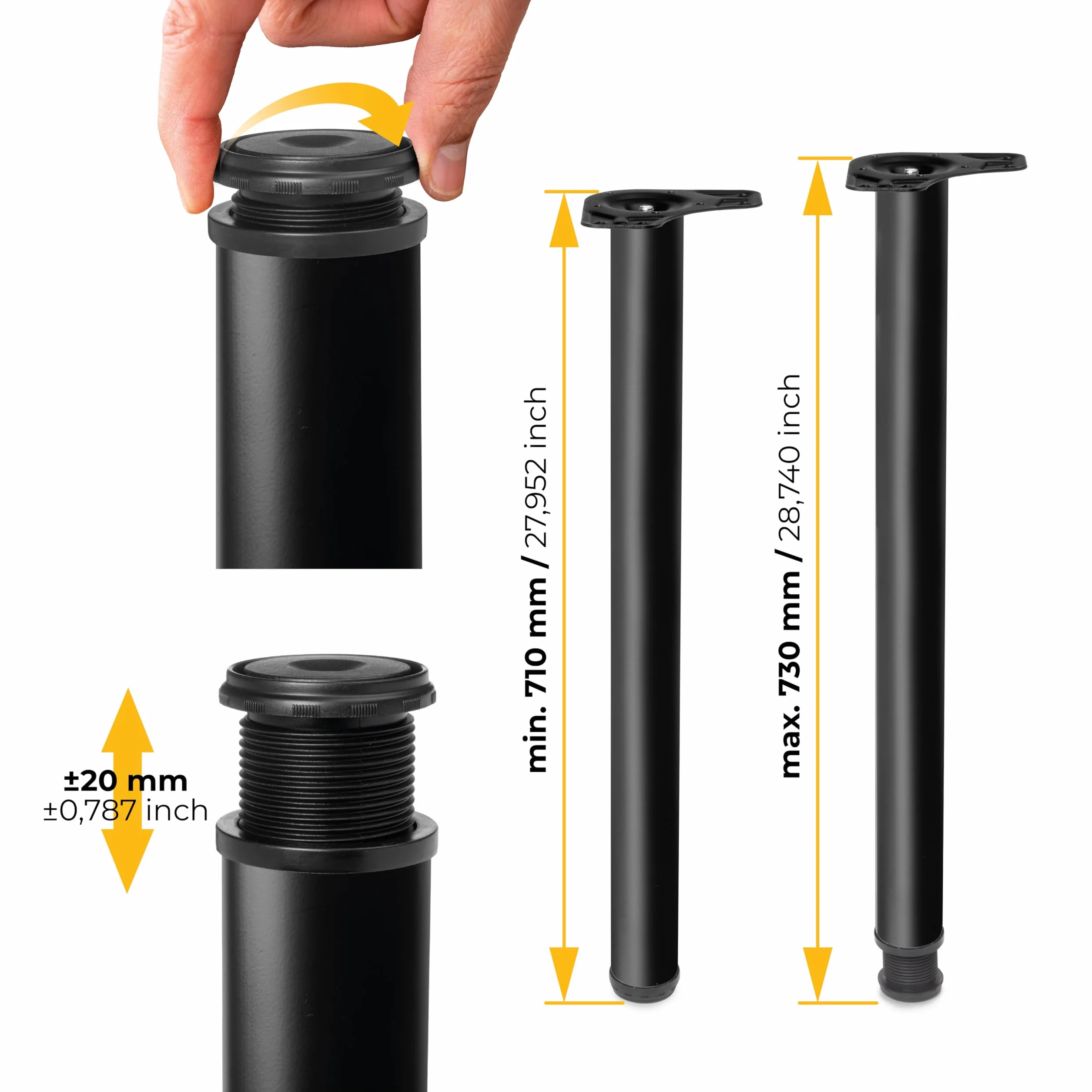 Emuca Gambe regolabili per tavolo acciaio Ø60x710mm altezza regolabile 710-730mm nero kit 4 piedi