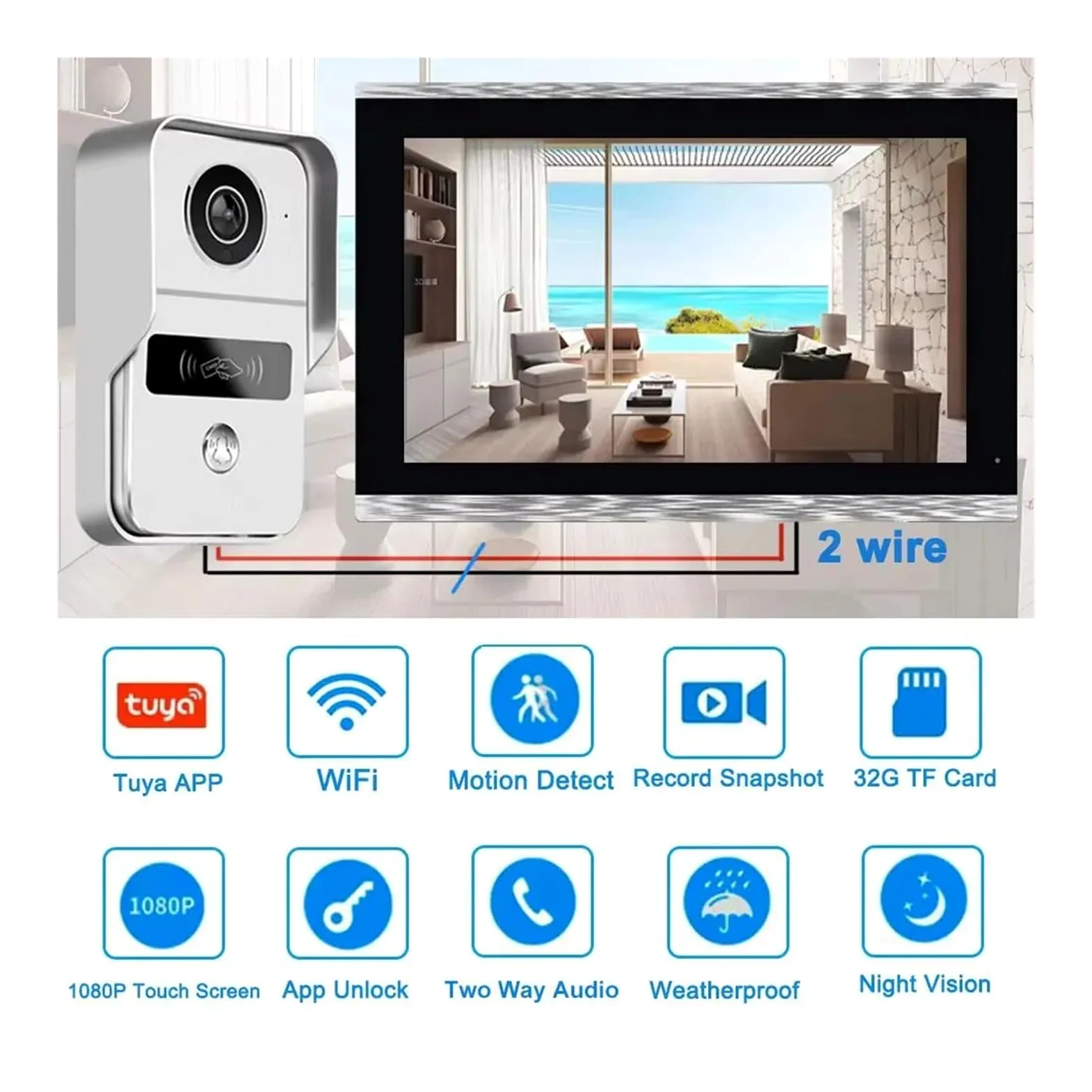 Tuya - Campanello smart video 1080P 5G WiFi a 2 fili, 25,4 cm, touch (1V1 10", argento)