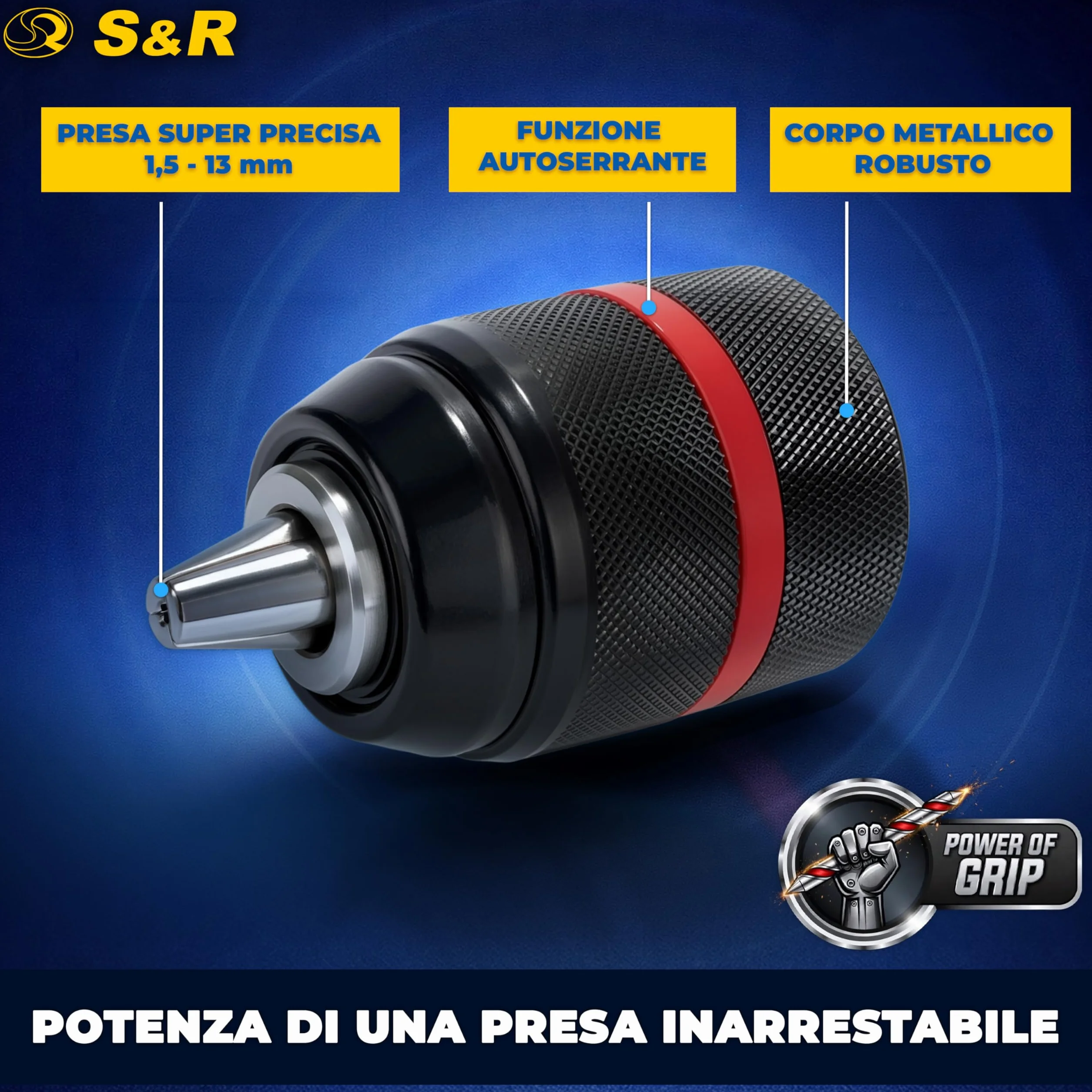 S&R Mandrino Trapano Autoserrante SDS-Plus 1.5-13 mm 1/2"-20UNF M12 Adattatore 1/4" Esagonale