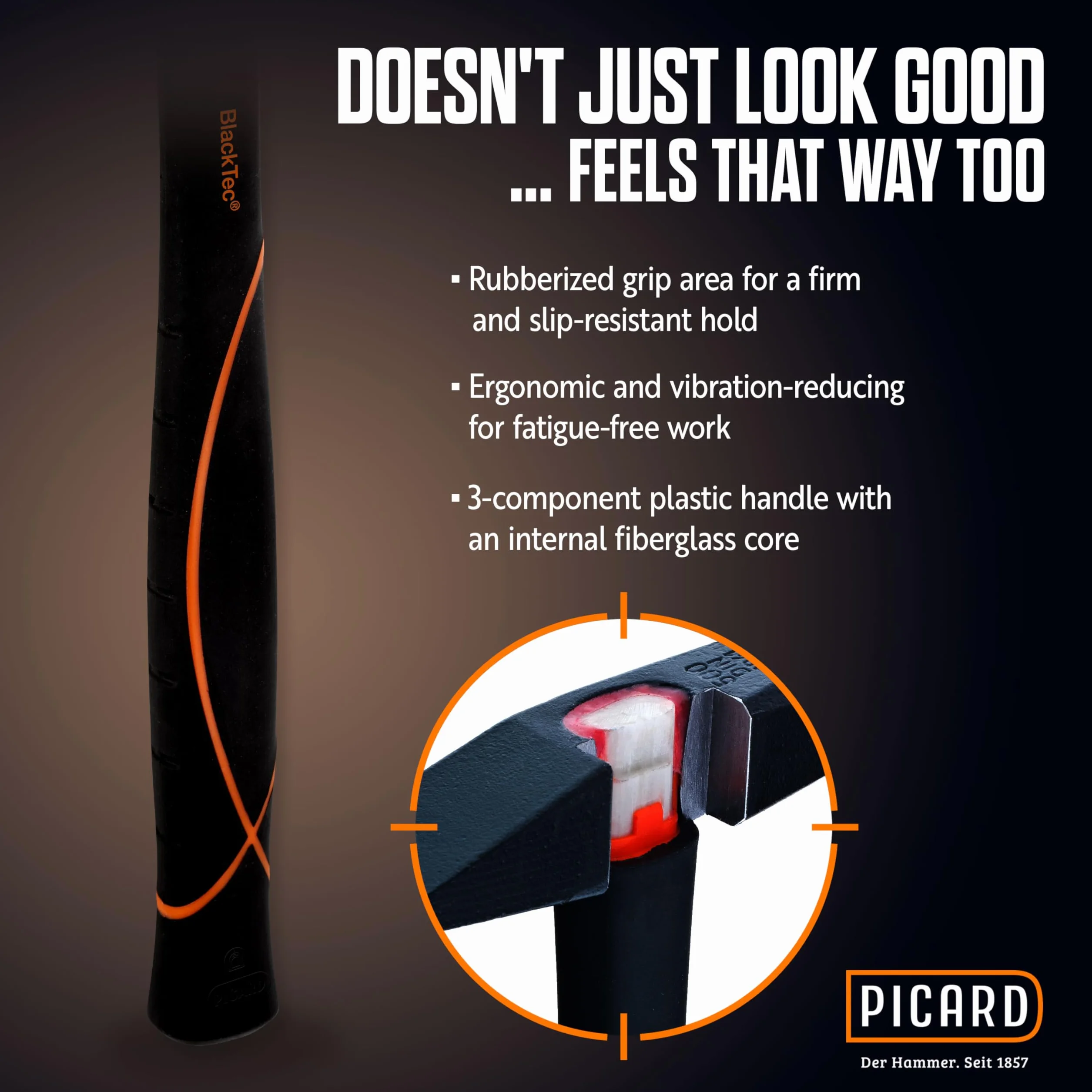 PICARD martello da fabbro BlackTec® 327 FS 400 g professionale manico 3 componenti nucleo fibra di vetro antiscivolo resistente corrosione