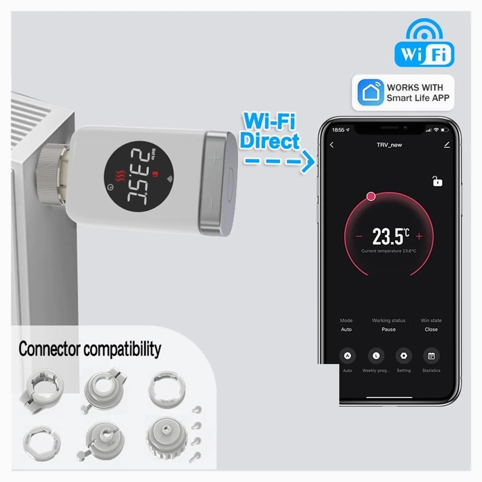 Attuatore For Valvola Termostatica Wi-Fi Intelligente, Regolatore Di Temperatura Del Riscaldamento, Smart Life(TRV801W 4PCS)