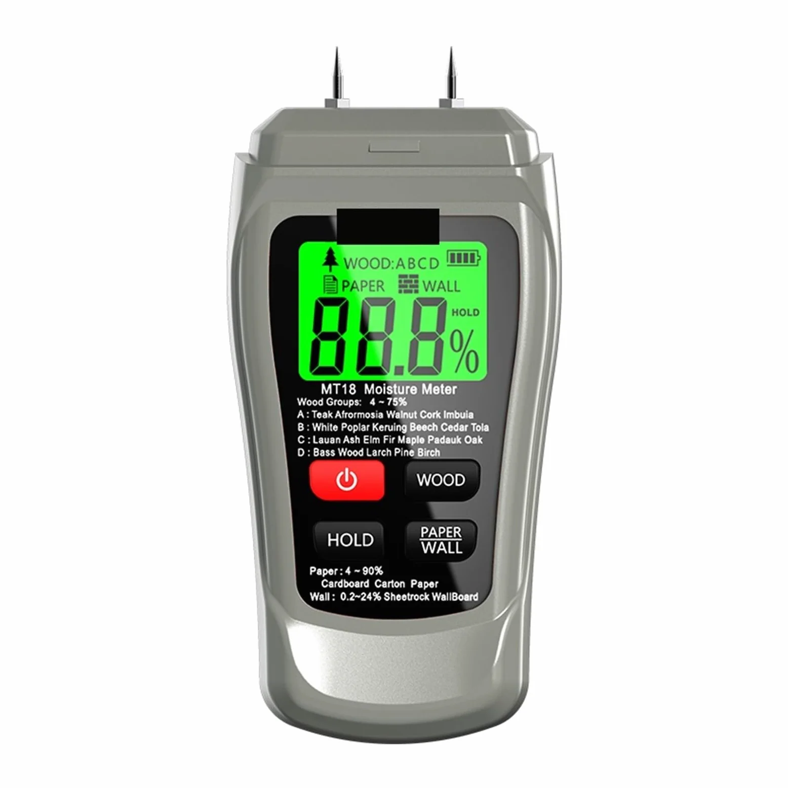 MT-18 Arancione 0-99,9% misuratore di umidità del Legno Digitale a Due Pin Tester della Carta igrometro da Parete rilevatore Piccolo Errore(Szary)