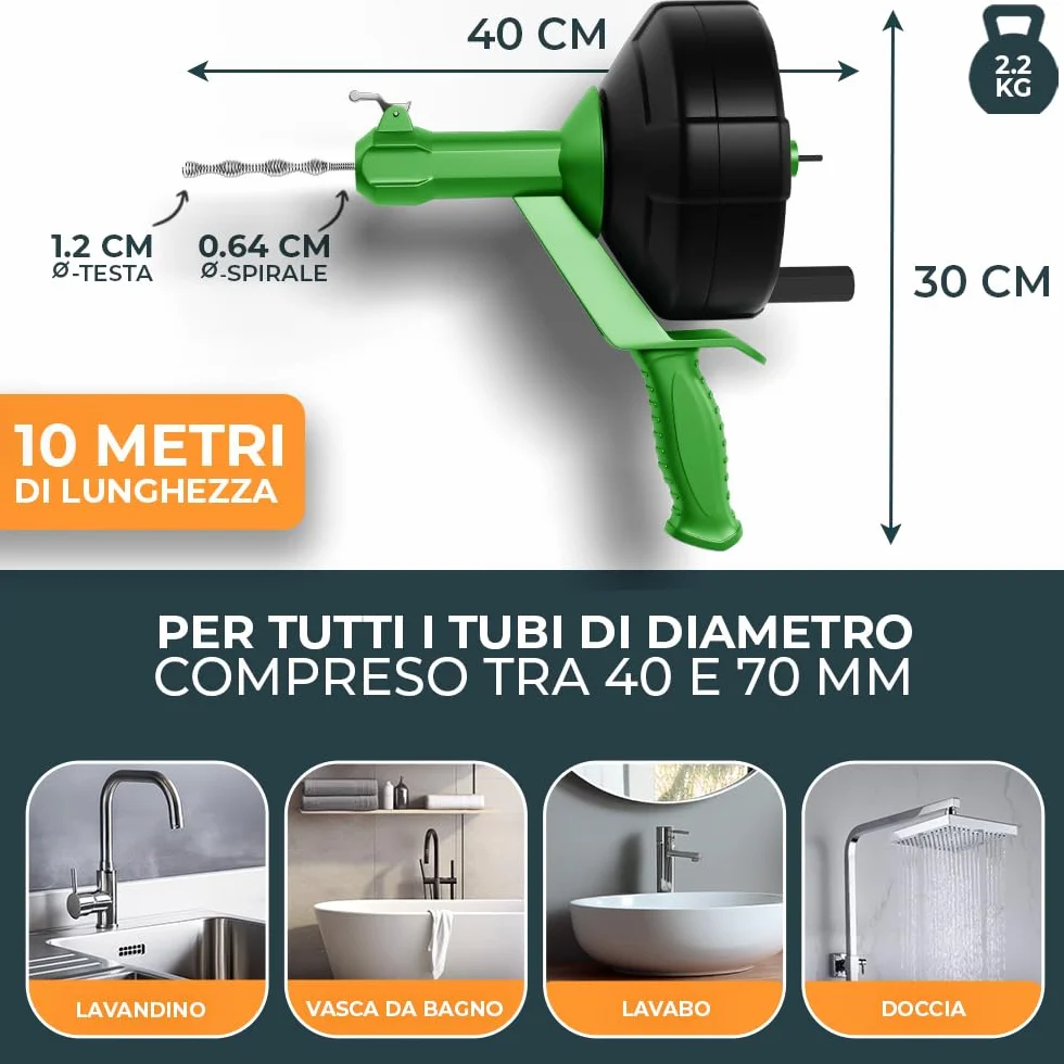 Meisterfaktur Sonda Sturatubi 10,5 m - Automatyczna Molla Stura Tubi - Sonda Idraulica Stura Lavandini e Scarichi