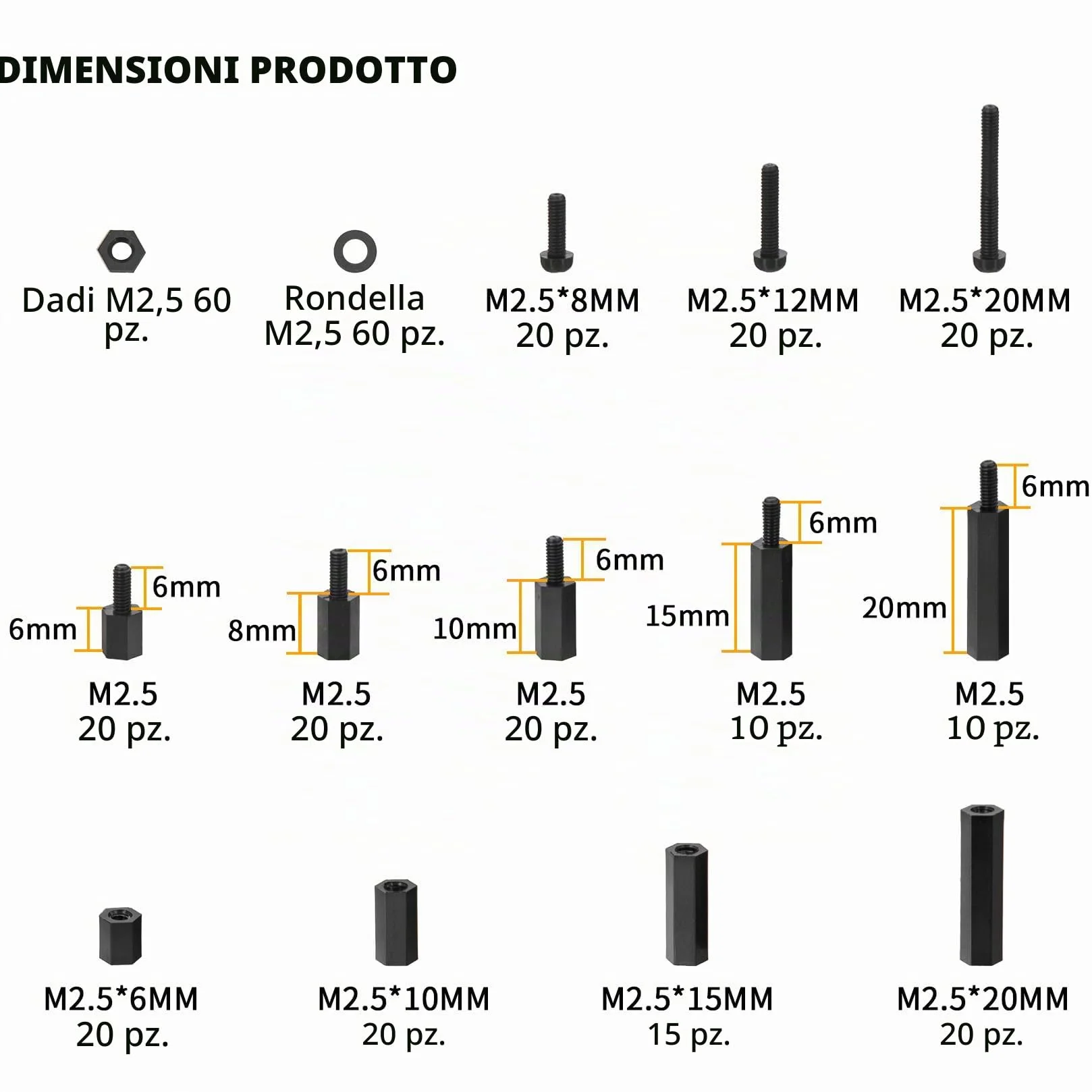 Distanziatori Esagonali in Nylon Nero M2.5 335 Pezzi, Kit Viti e Dadi per PCB