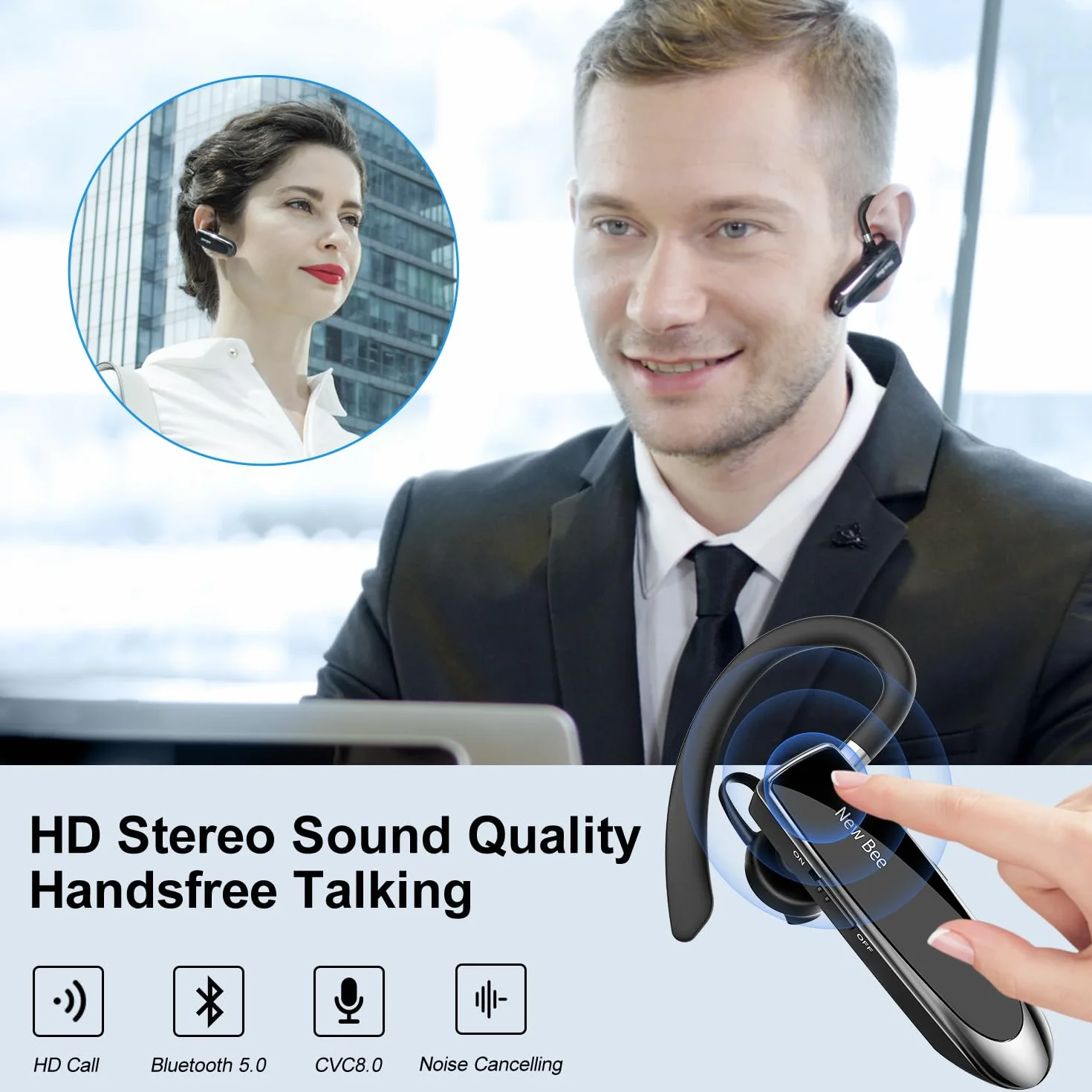 Auricolare Bluetooth Singolo 5.0 Auricolare Mani Libere New Bee Cuffia Bluetooth Mono per Huawei Samsung iPhone Cellulari Android Laptop e Altro