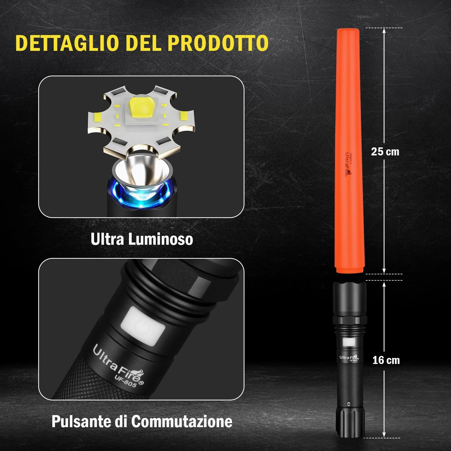 UltraFire Torcia a LED ricaricabile da 40,6 cm, 619 lumen, segnale di sicurezza, 3 modalità con modalità lampeggiante rossa, per controllo stradale, aeroporti, polizia, parcheggio, campeggio