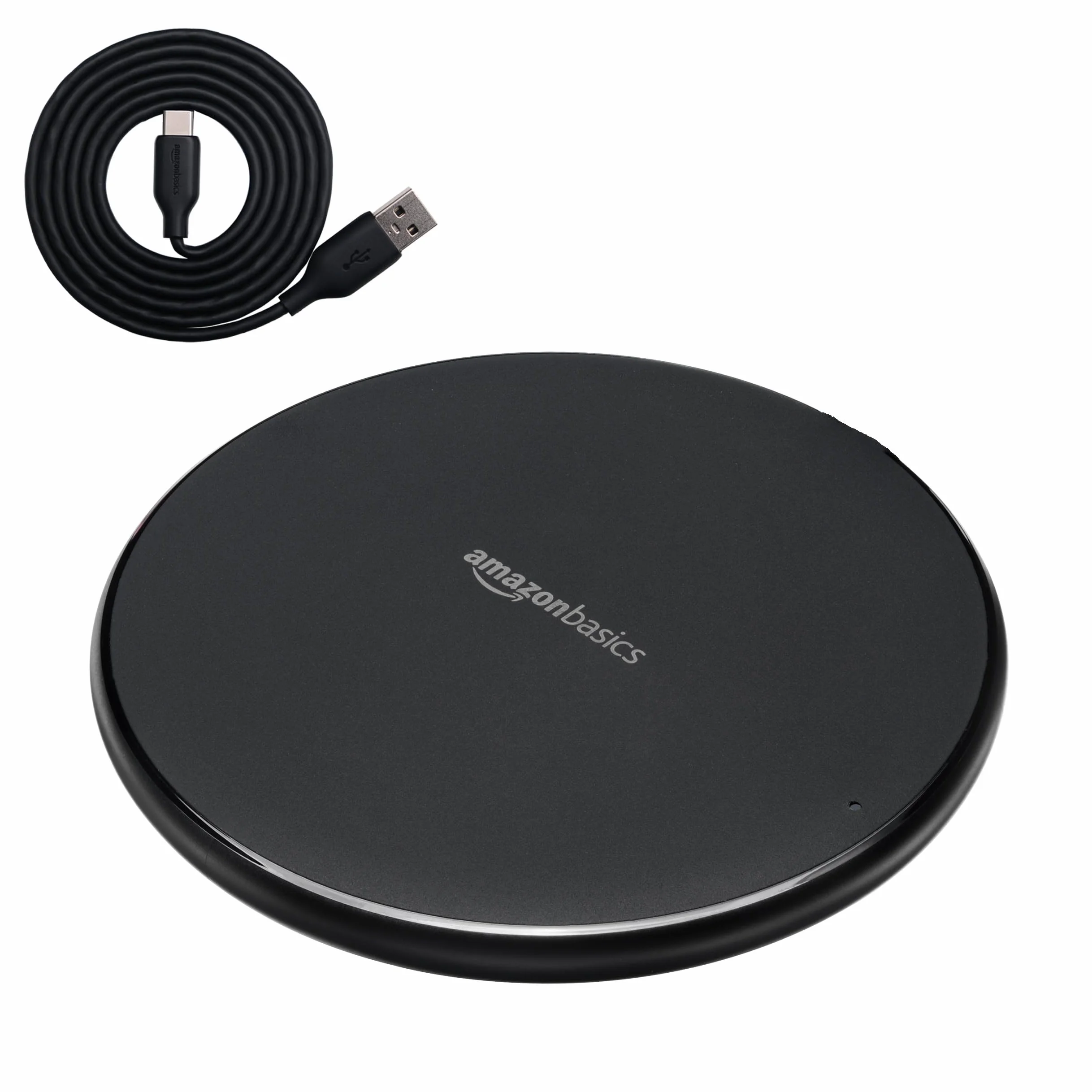 Amazon Basics Tappetino di ricarica wireless certificato Qi da 15 W (iPhone 16/ 15/14/13/12/11/X, Samsung) - Con cavo USB (adattatore CA non incluso) - nero