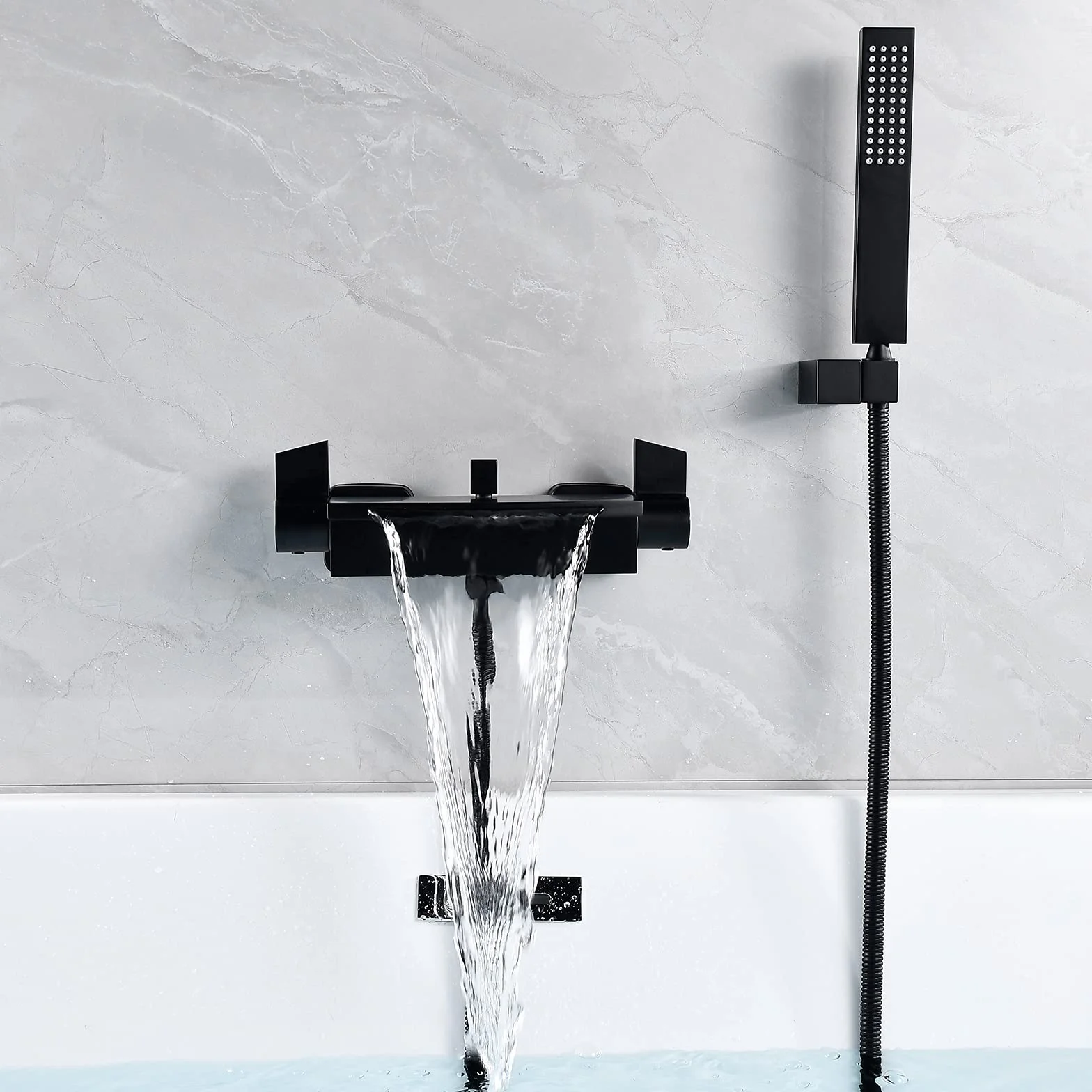 Miscelatore Vasca Da Bagno A Cascata Rubinetto Per Vasca Da Incasso A Parete, Doccia A Cascata, Doccia Calda E Fredda, Rubinetto Per Vasca (Nero)