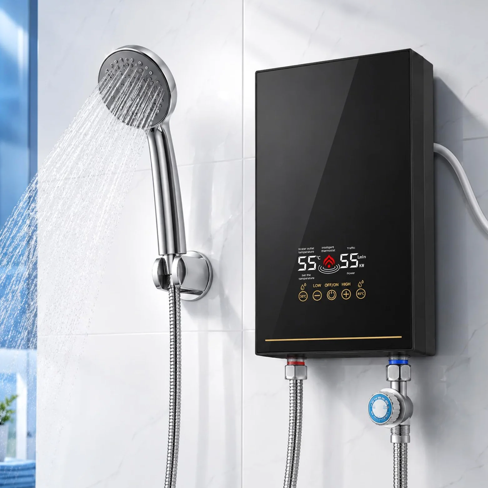 Mini Scaldabagno Istantaneo 5500 W, Scaldabagno Elettronico Istantaneo con Display a LED, Temperatura Regolabile 30 a 55 °C, Piccolo Scaldabagno Istantaneo per Doccia, Bagno, Cucina, Giardino