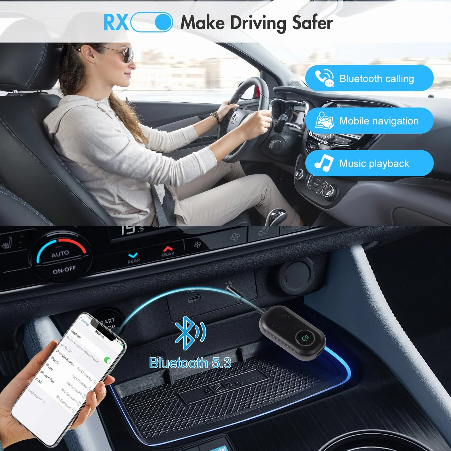 Bluetooth 5.3 Adattatore Trasmettitore, 2-in-1 Ricevitore Trasmettitore Bluetooth, 3.5mm AUX Jack Trasmettitore per Tv,Aereo,Laptop,Auto,AirPods,Telefono Mobile,Car Audio Systems,Tablet