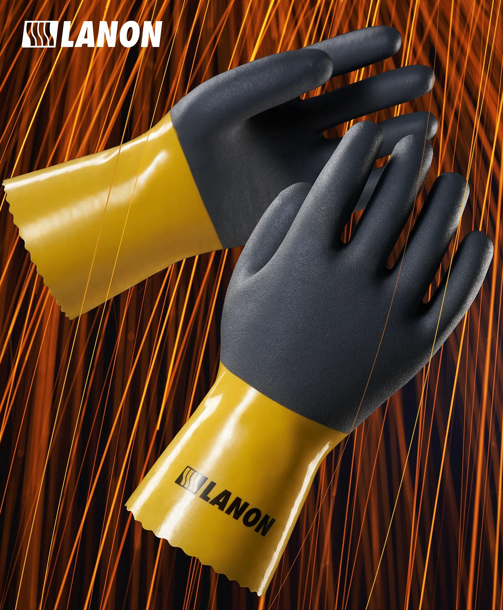 LANON - 3 paia di guanti in PVC resistenti agli agenti chimici, riutilizzabili, resistenti, protezione da acidi, alcali e olio, EN 374/388, antiscivolo, taglia XL