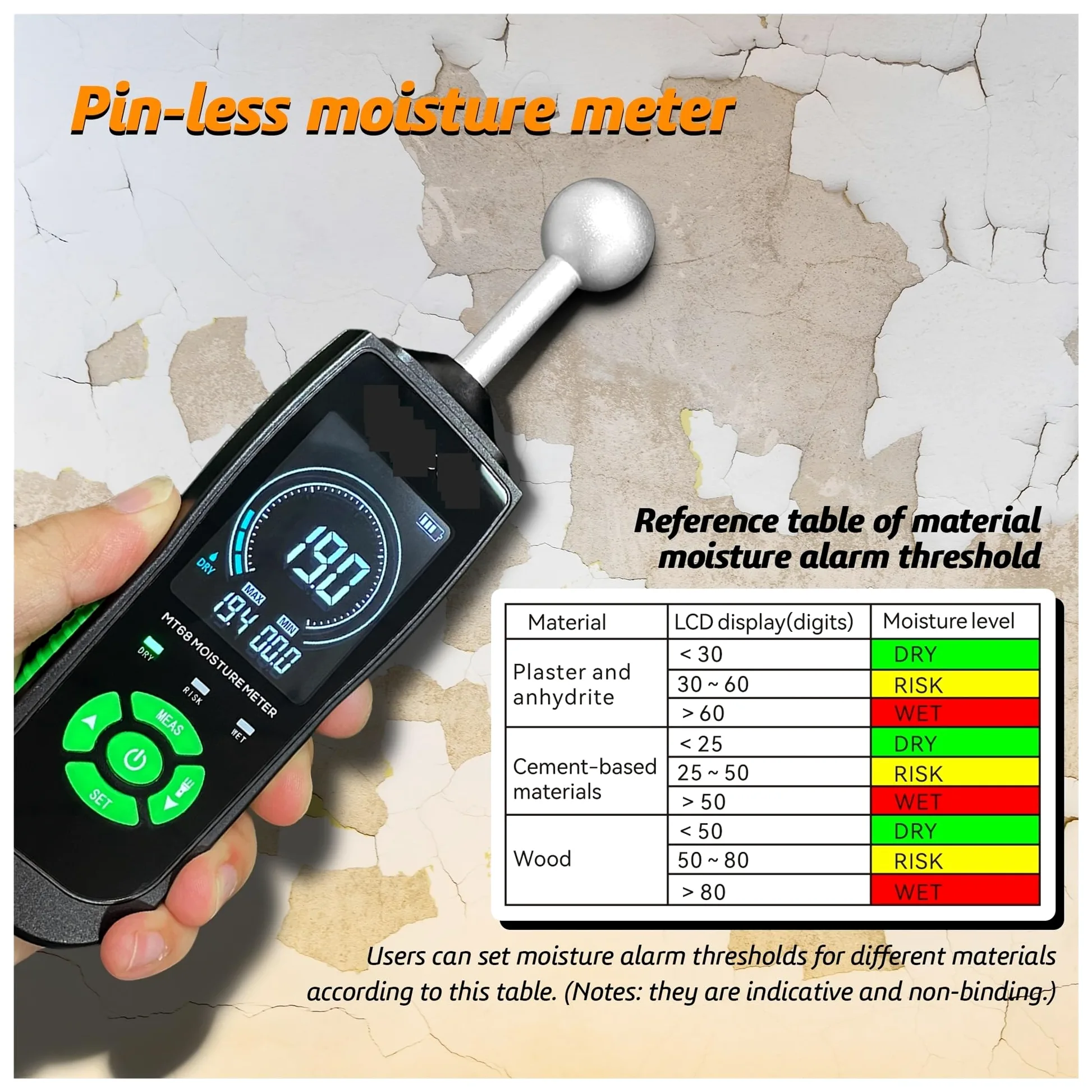 Misuratore di umidità del Legno Digitale MT68 Rilevatore Senza Contatto Schermo LCD Igrometro Allarme Tester Sfere Piccolo Errore