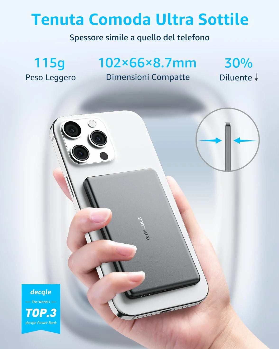 “Air” Powerbank per MagSafe, 5000mAh Ultra Sottile Batteria Integrata Caricatore Portatile Wireless con Cavo USB-C, Solo per iPhone serie 17/16/15/14/13/12 (Grigio)