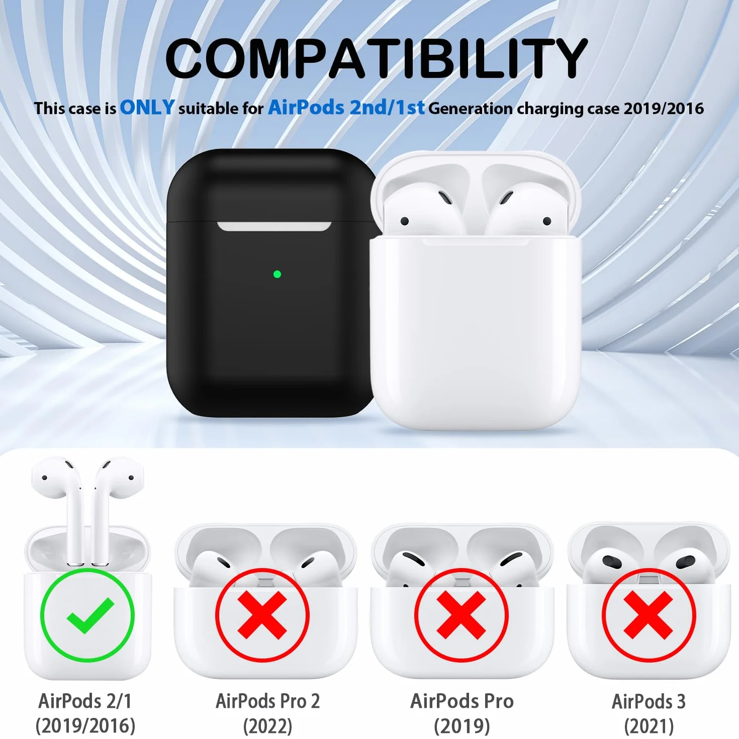 Custodia per Airpods 1a/2a generazione (2016/2019),Custodia protettiva in morbido silicone per Airpods 1a/2a con LED visibile sulla parte anteriore,con kit di pulizia,Nero