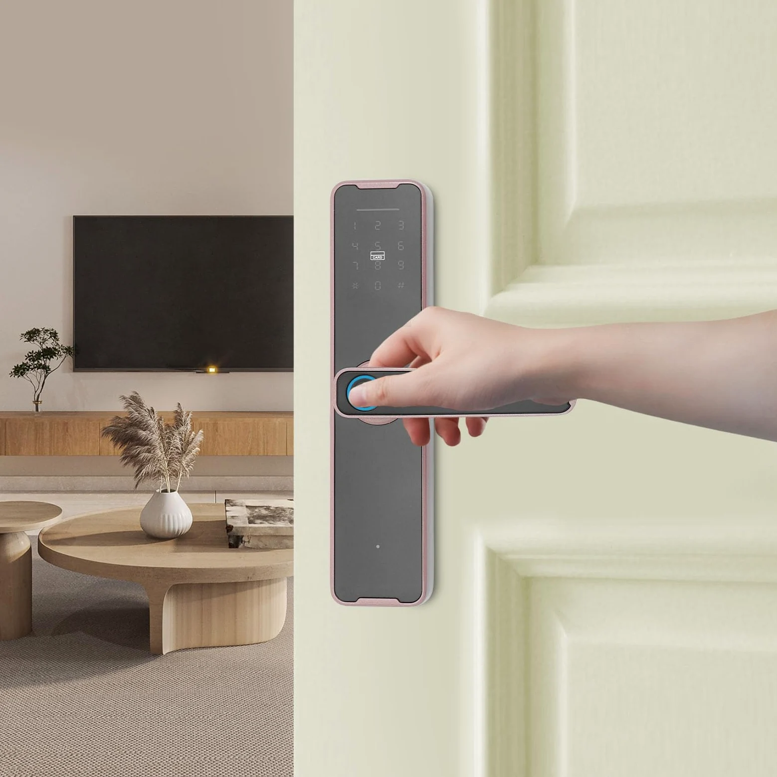 Serratura delle impronte digitali 5 in 1 serratura elettronica supporto del telecomando APP, serratura intelligente impronte digitali chiave scorrevole carta password sblocco (oro rosa)