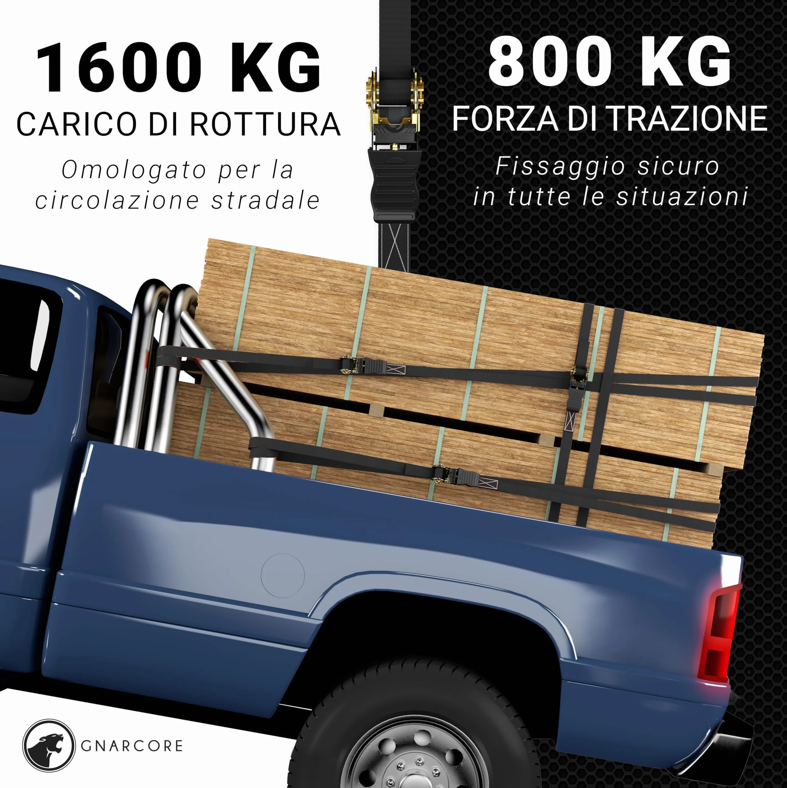 Cinghie di Fissaggio a Cricchetto Premium, Set da 4, Resistenza 800 Kg, Con Borse - Certificato DIN EN 12195-2