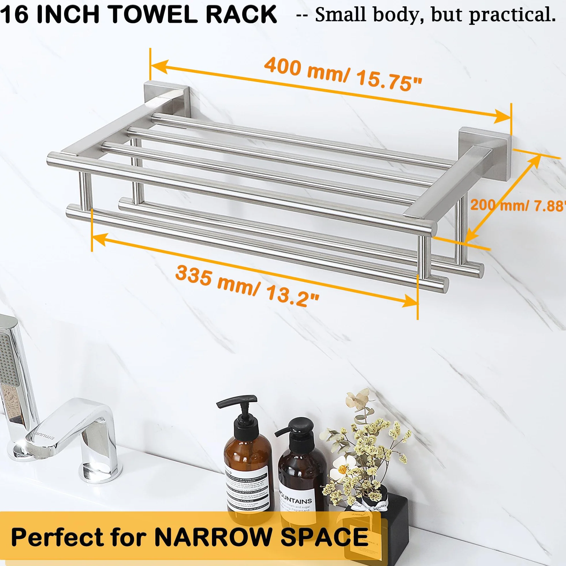 Sayayo Porta Asciugamani Bagno Doppio da Parete 40CM Acciaio Inossidabile SUS304 Grigio Argento