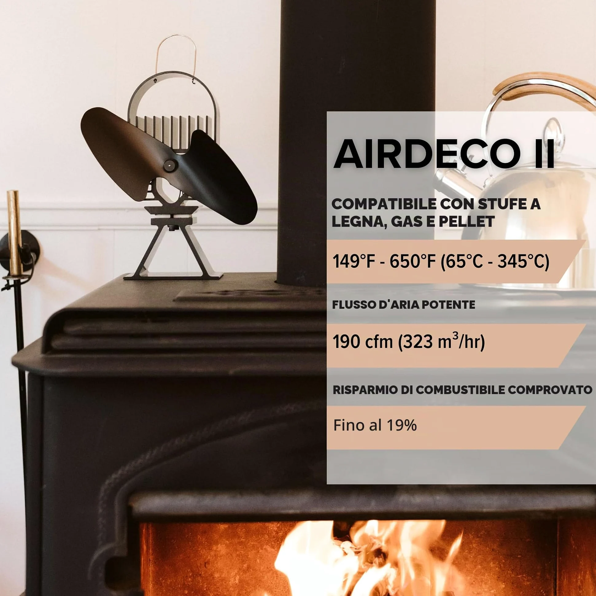 Ecofan AirDeco II, ventola per stufa a legna in stile contemporaneo, alimentata a calore, 322 m3/h, lama in nero da 20,30 cm (8")
