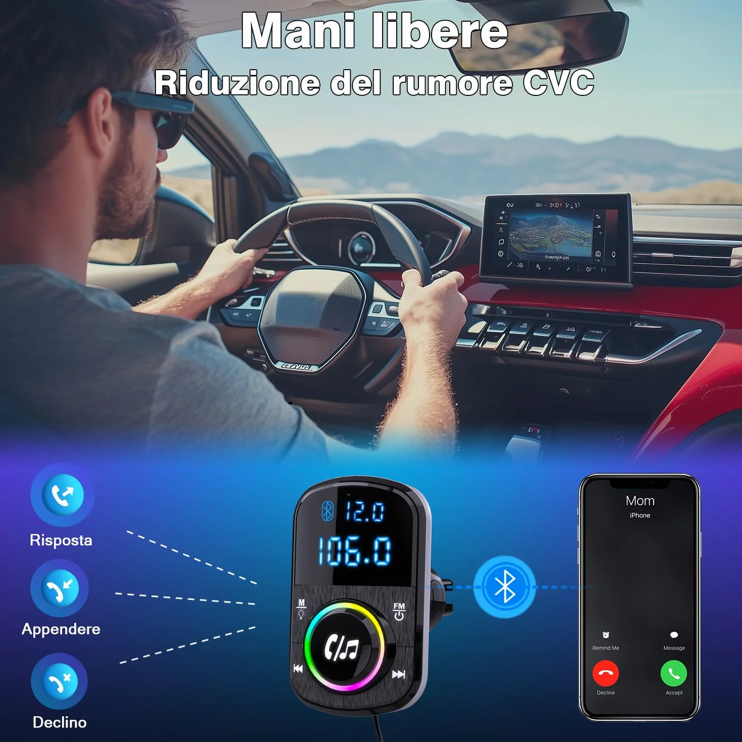 GizmoVine Bluetooth Coche, Transmisor FM, Soporte Manos Libres/QC3.0 y PD Cargador Rápido/Luz Ambiental/Base Autoadhesiva y Clip con Cable 1.1 - Reproductor de Música con Tarjeta BT/TF