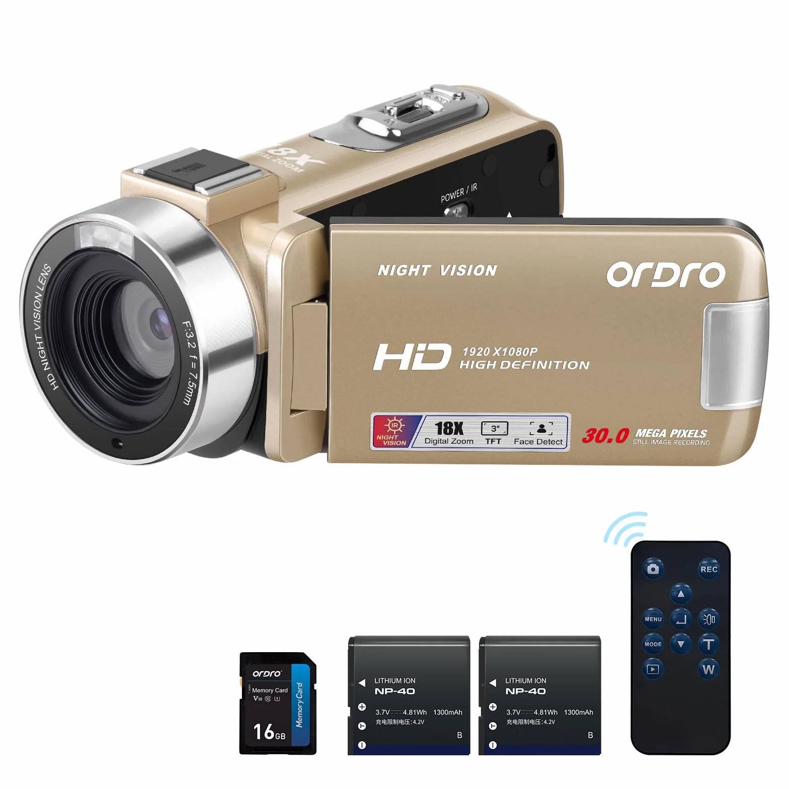 ORDRO B320 - Videocamera 1080P con scheda da 16GB, zoom digitale 18x, visione notturna, schermo touch rotante a 270°, fotocamera Full HD 1080P 30MP, 2 batterie, oro
