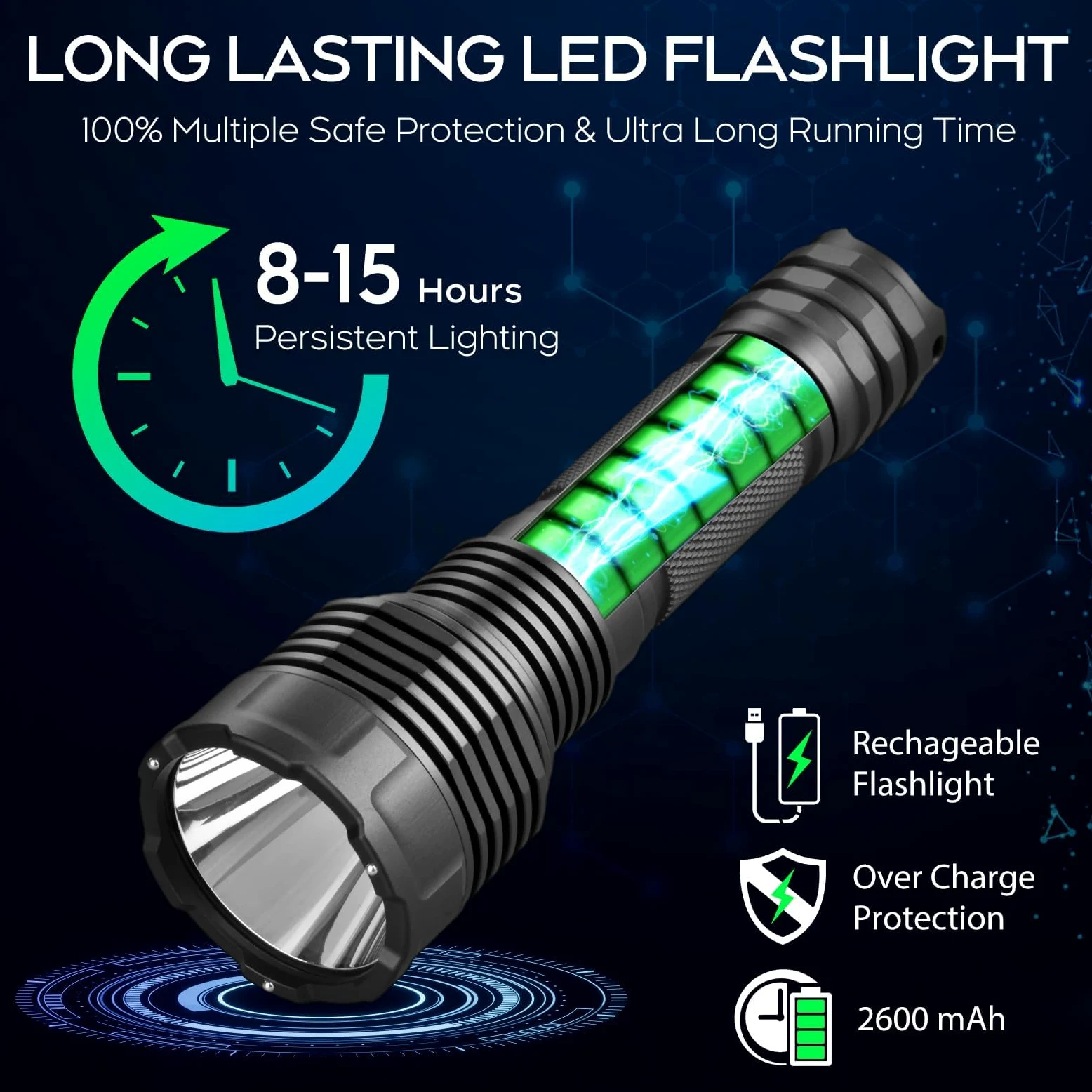 UltraFire Torcia da caccia ricaricabile, luce verde, 520-530 nm, luce verde, portata 350 metri, 2 modalità per visione notturna, osservazione selvaggia, lettura di mappe, pesca, campeggio, C15S-G