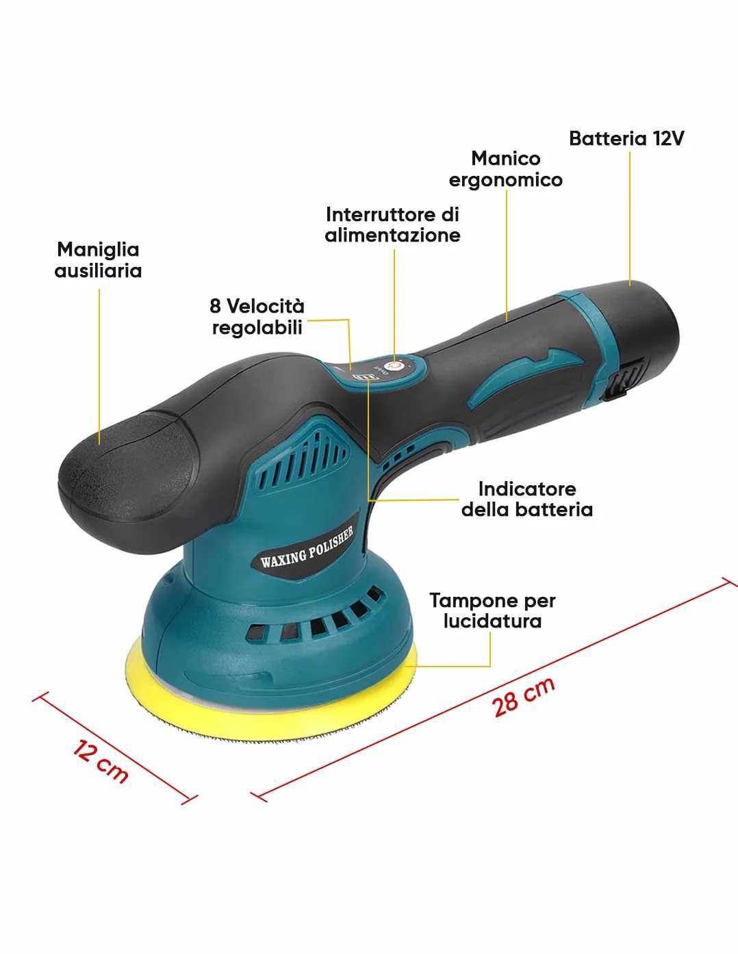 Lucidatrice Elettrica Orbitale 24V 380W 8 Velocità 2800-5500 Giri/Min Kit Professionale