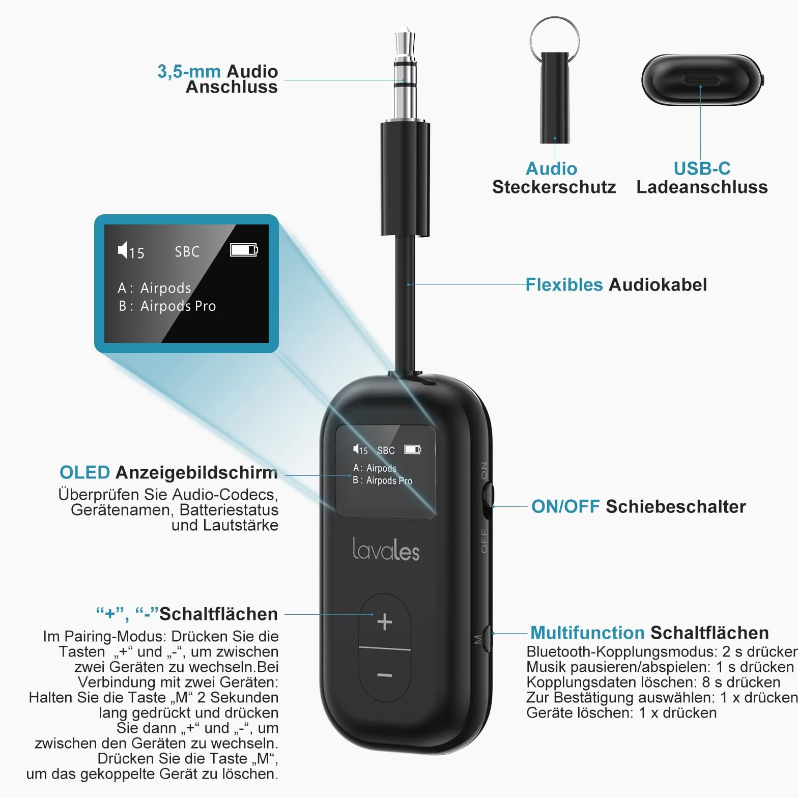Trasmettitore Bluetooth 5.3 per Airpods/cuffie, adattatore aptX Low Latency/Adaptive, 25 ore di riproduzione, splitter audio AUX 3,5 mm