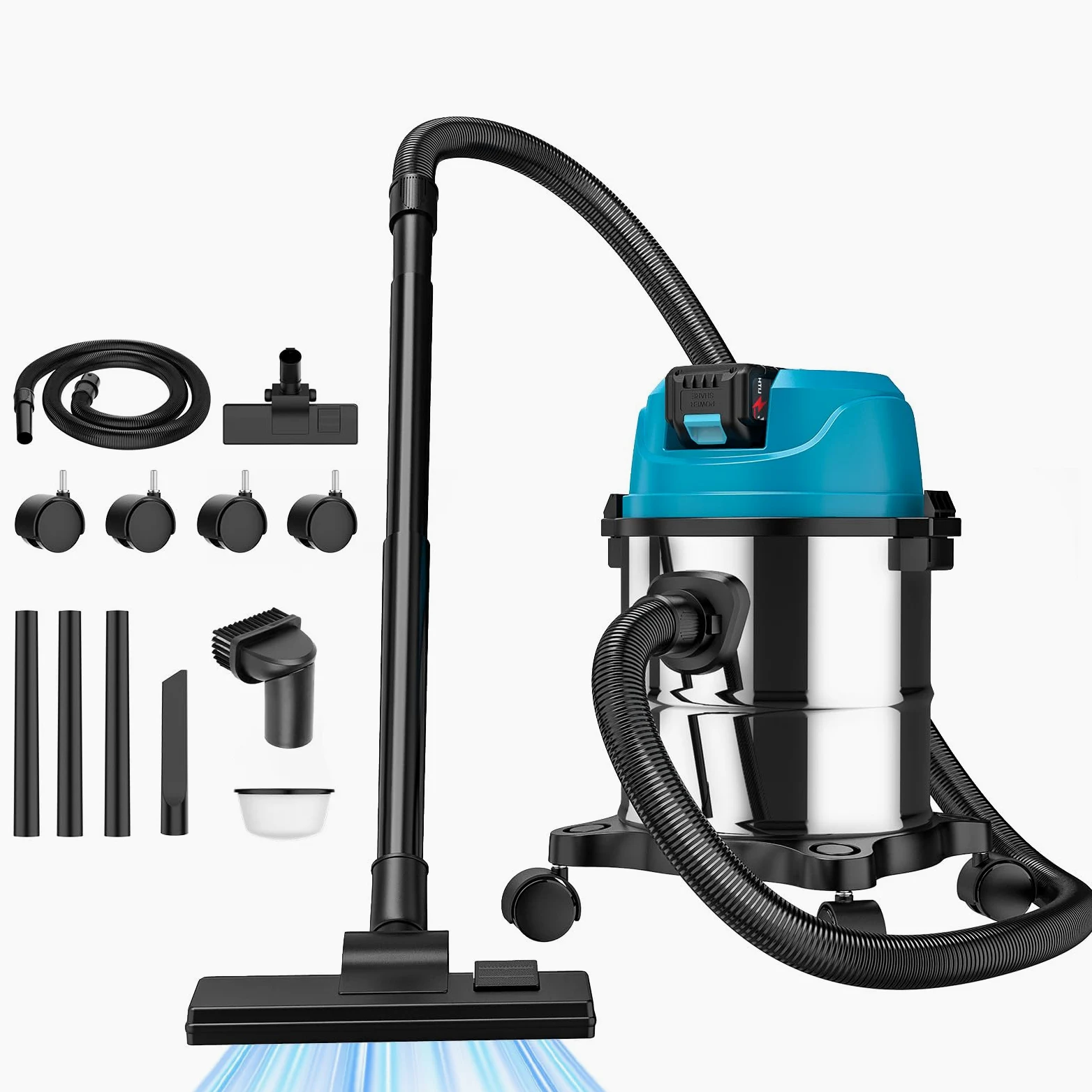 Aspirapolvere a secco umido per batteria Makita 18 V, 15 l, in acciaio inox, 1200 W, aspiracenere a batteria con bocchetta per pavimento e fughe, sistema di tubi ø 32 mm, senza batteria (0 batterie)