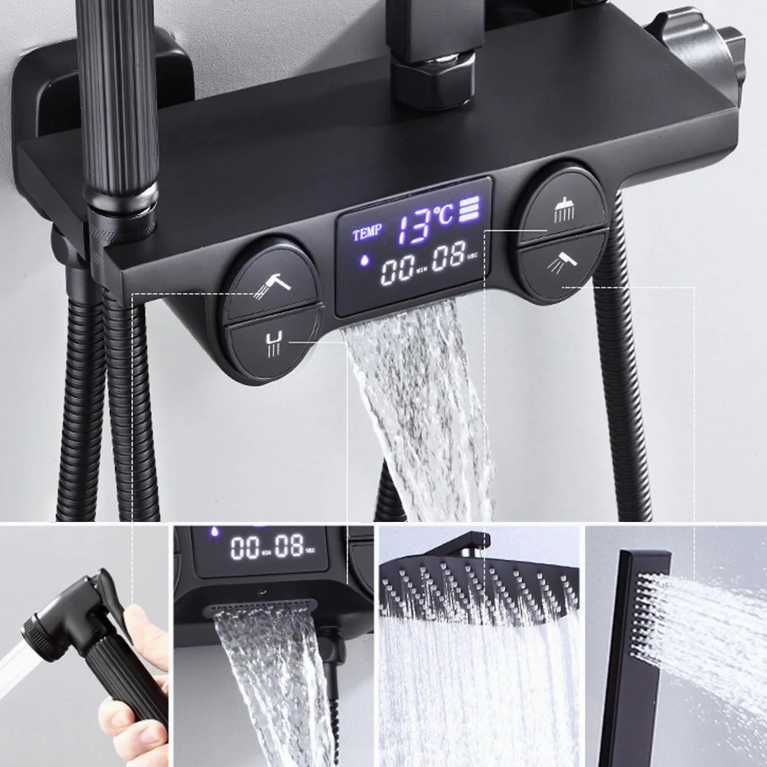 Sistema Doccia Nero con Display Digitale, Set Rubinetto termostatico per Bagno a 4 Vie con beccuccio per Vasca, soffione a Pioggia da 10", doccetta e doccetta per Bidet