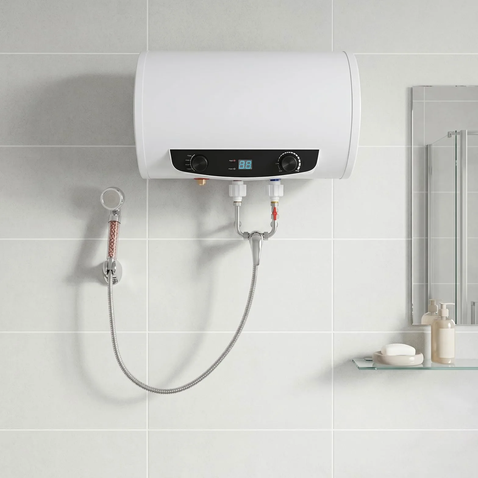 Scaldabagno da 50 l, montaggio a parete, 2000 W, 3 livelli, con set doccia IPX4 | Scaldabagno elettrico 35-75 °C, 3 livelli di calore, IPX4, silenzioso, 30 dB, ideale per bagno, cucina, parrucchiere