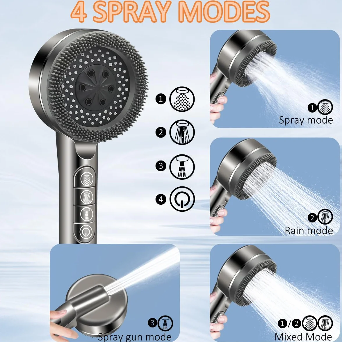 REETEE Soffione Doccia ad Alta Pressione, Doccino per Doccia con Filtro, 5 Modalità Spray Soffione Doccia Anticalcare, Shower Head con 1.5 M Tubo (grigio)
