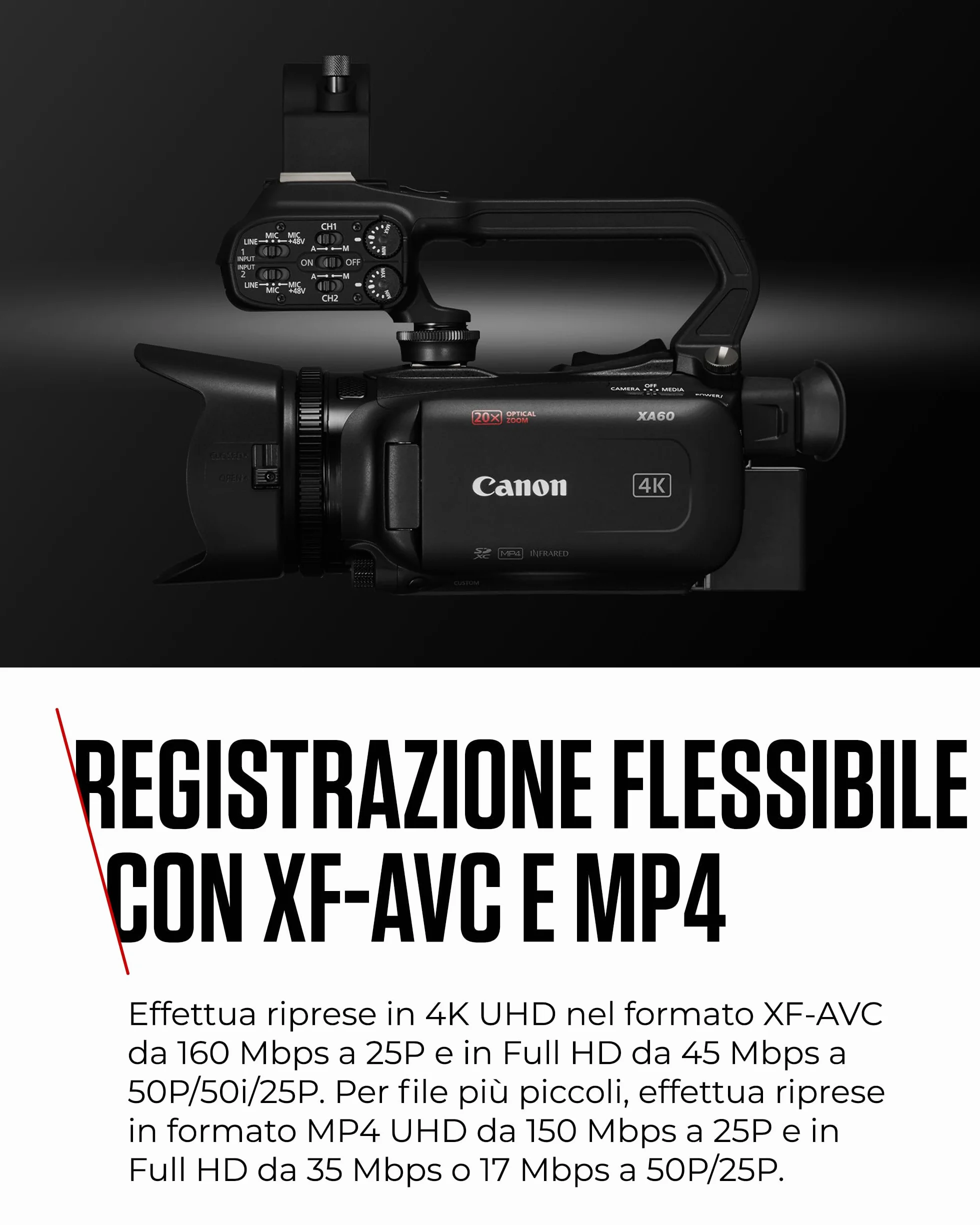 Canon XA60 - Videocamera 4K Professionale con Messa a Fuoco Automatica, Zoom Ottico 20x, Stabilizzazione a 5 Assi, Uscita HDMI e Streaming Live HD via USB-C