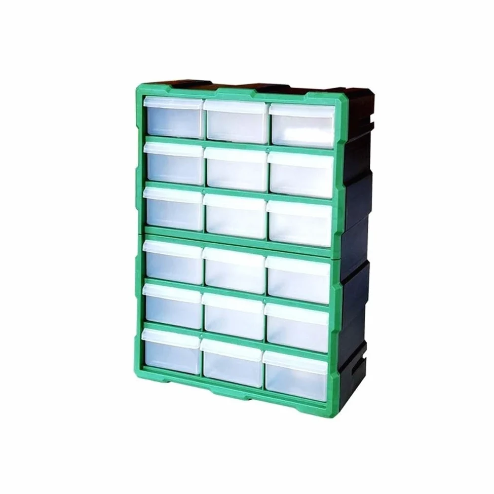Scatola organizer in plastica resistente con 18 scomparti per piccoli attrezzi e elementi di fissaggio, con coperchio trasparente per una facile visibilità e struttura impilabile per risparmiare