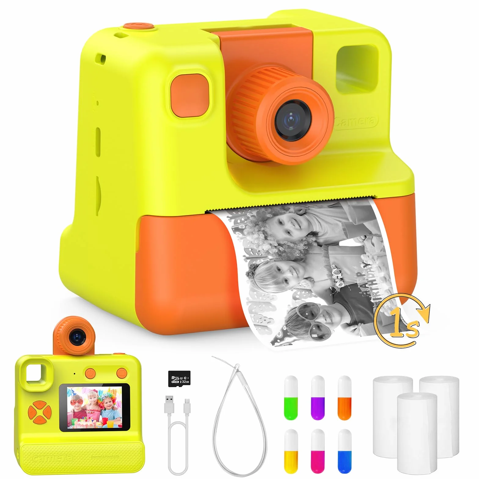 Macchina Fotografica Bambini Istantanea, 1080P Digitale Fotocamera Istantanea Bambini, Regalo per Bambini dai 3-12 Anni, 32GB Scheda SD, 5 Penne Colorate (giallo)