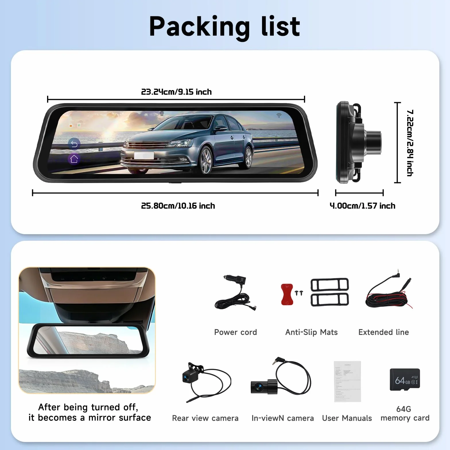 Hodozzy 2K WiFi Specchietto Retrovisore Dash Cam, Dashcam Retrovisore con Schermo IPS 9,66 Pollici Touchscreen con Controllo App, Visione Notturna, Registrazione Loop, Sensore G, BSD LCA+ Scheda 64 G