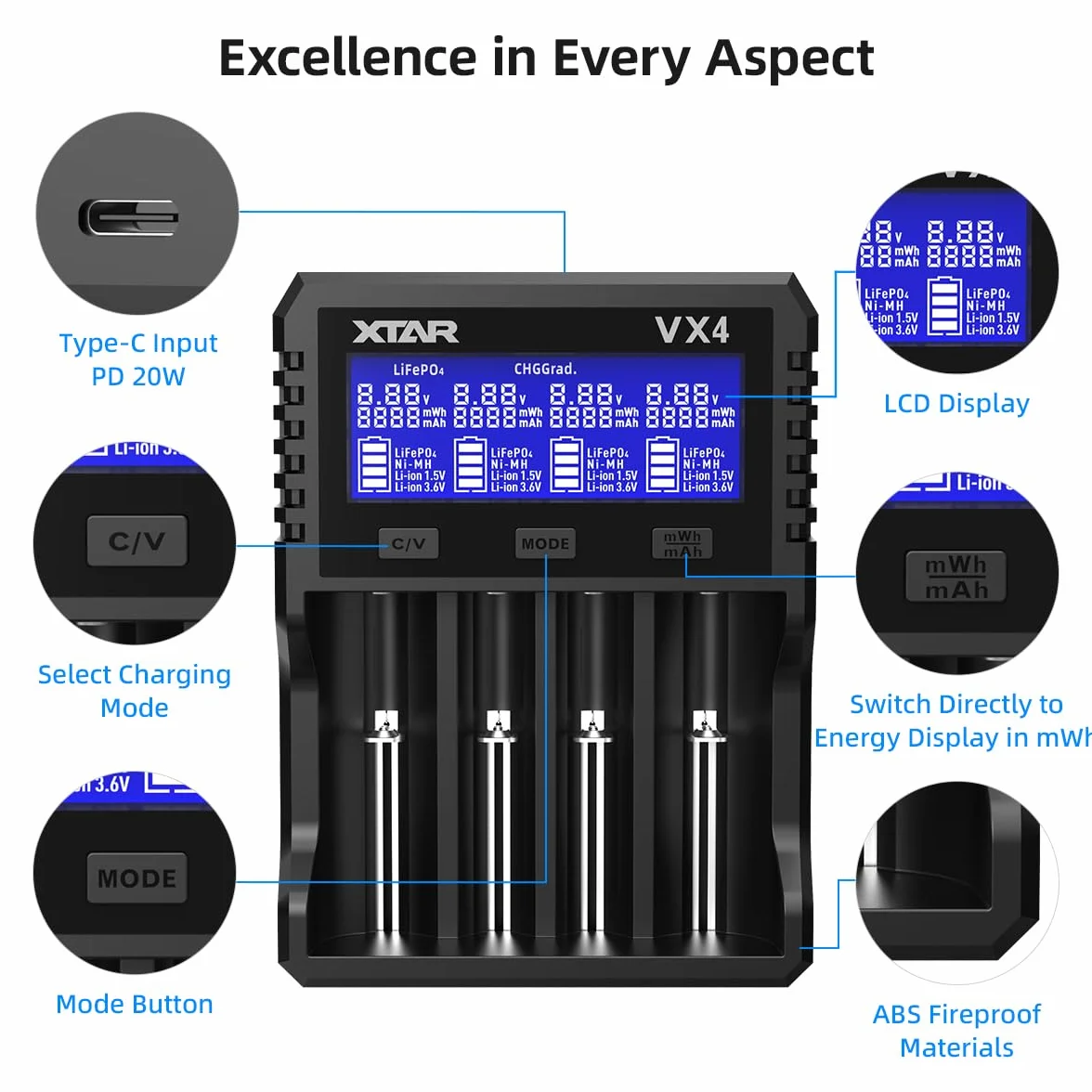 XTAR Caricabatteria VX4, tester di capacità, 3.6/3.7V Li-ion, 1.5V Li-ion, 1.2V Ni-MH, 3.2V LiFePO4 compatibile, schermo LCD, protezione da sovra-scarica