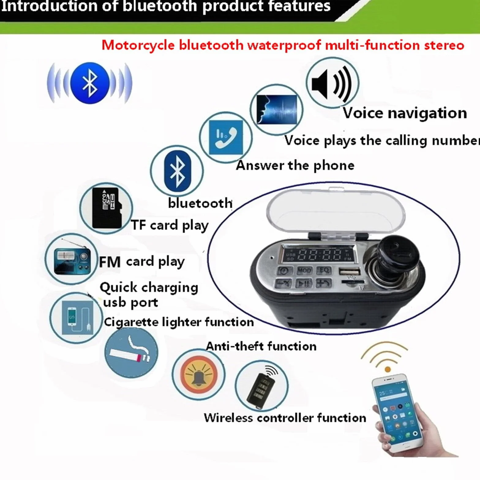 Kit Lettore Radio Bluetooth per Moto Altoparlante Stereo Audio Impermeabile Ricarica per Telefono Cellulare Allarme Antifurto Telecomando