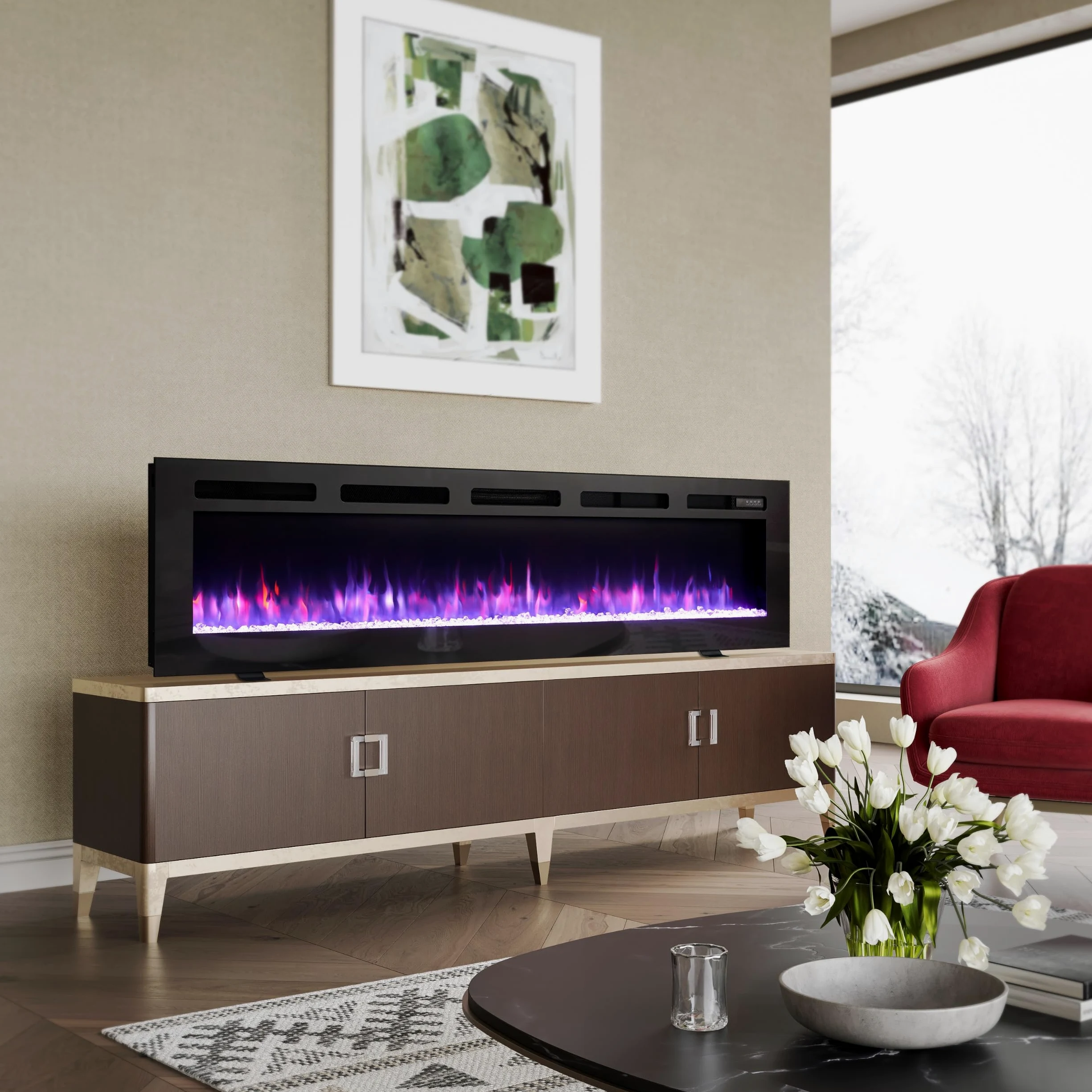 BALDERIA camino elettrico Leif 60"| Caminetto elettrico a pavimento o a muro con riscaldamento 2000 W | Effetto fiamma 3D | Focolare a terra o a parete con telecomando, timer, termostato | Nero
