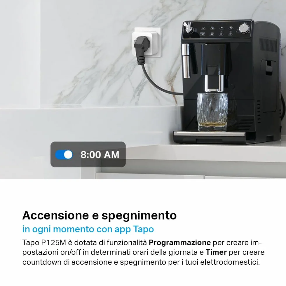 Tapo P125M Matter Presa Smart Italiana, Monitoraggio Energia, WiFi Intelligente Smart Plug, Compatibile con Alexa e Google Home, Controllo Vocale e Remoto, Tempo di Preselezione