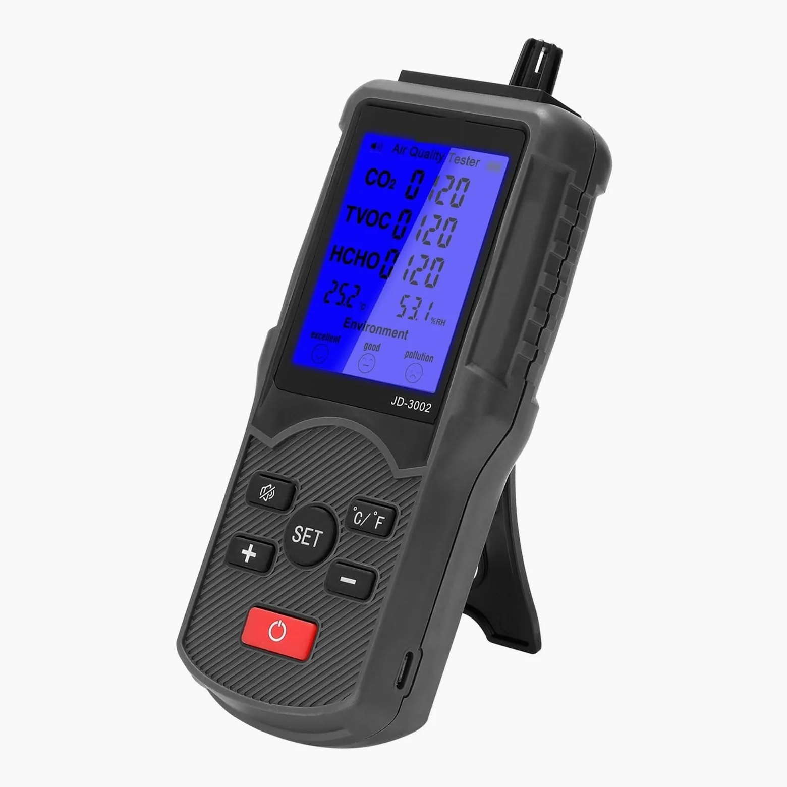 JD-3002 Rilevatore di qualità 'aria Dispositivo misurazione 'umidità a temperatura e a CO2 Misuratore Analizzatore multifunzionale a,Alta Precisione | Plastic box