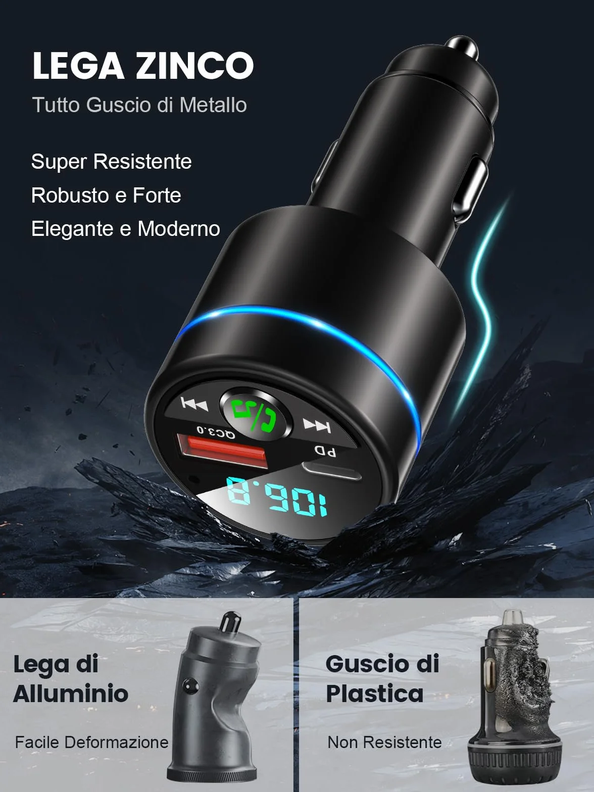 Mohard [Carcassa in Metallo] Bluetooth 5.3 Auto Trasmettitore FM, PD 30W & QC3.0 18W Ricarica Rapida Adattatore Bluetooth Auto Accendisigari, Amplificatori Multicanale Musica Hi-Fi & Chiamate Vivavoce