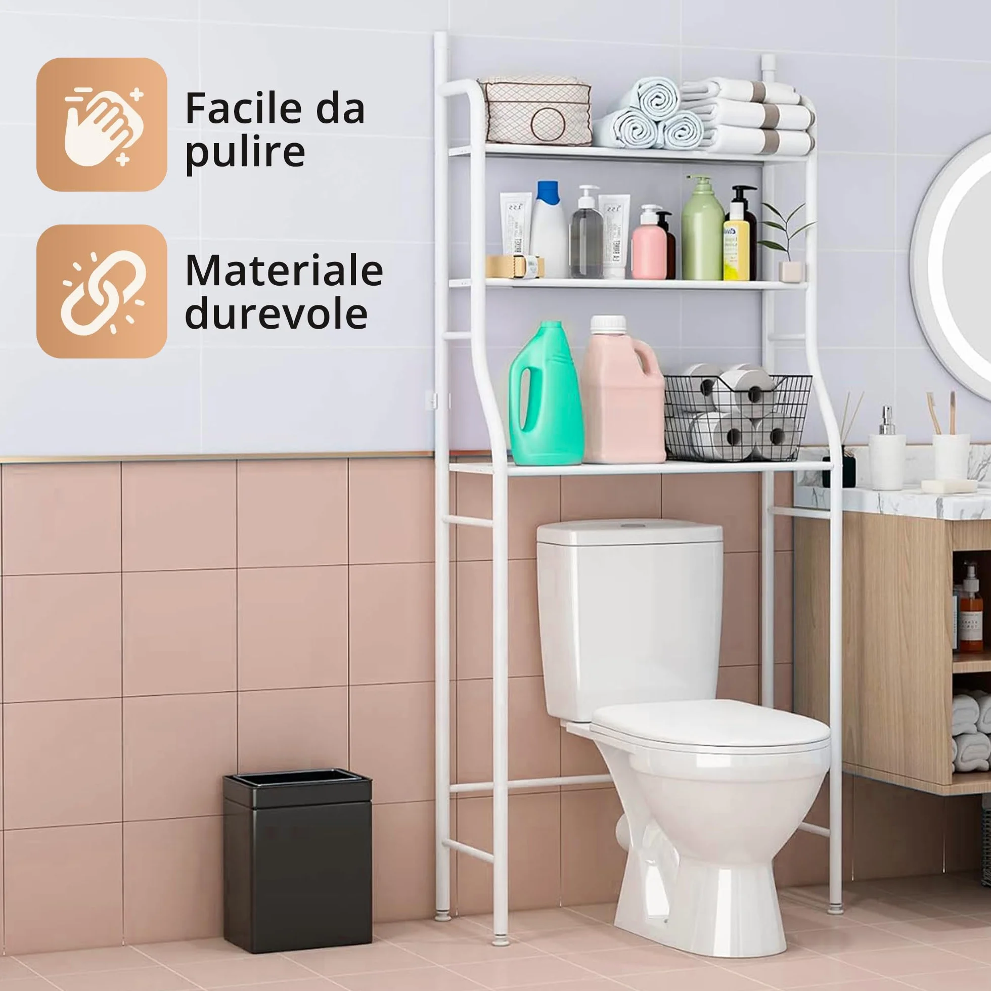 JUPPLIES Mobile Sopra WC Bagno 3 Ripiani Salvaspazio Scaffale Sopra Toilette Metallo 47x26x153cm Piedi Regolabili Anti-Ribaltamento