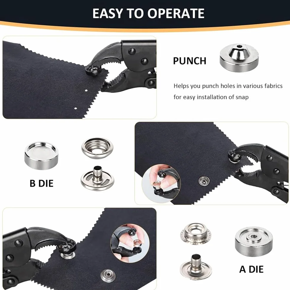 Pqahffowr Set di strumenti di fissaggio a pressione resistente, strumento di regolazione dei pulsanti di copertura in tela, strumento a pressione da 15 mm con 80 set di bottoni a pressione